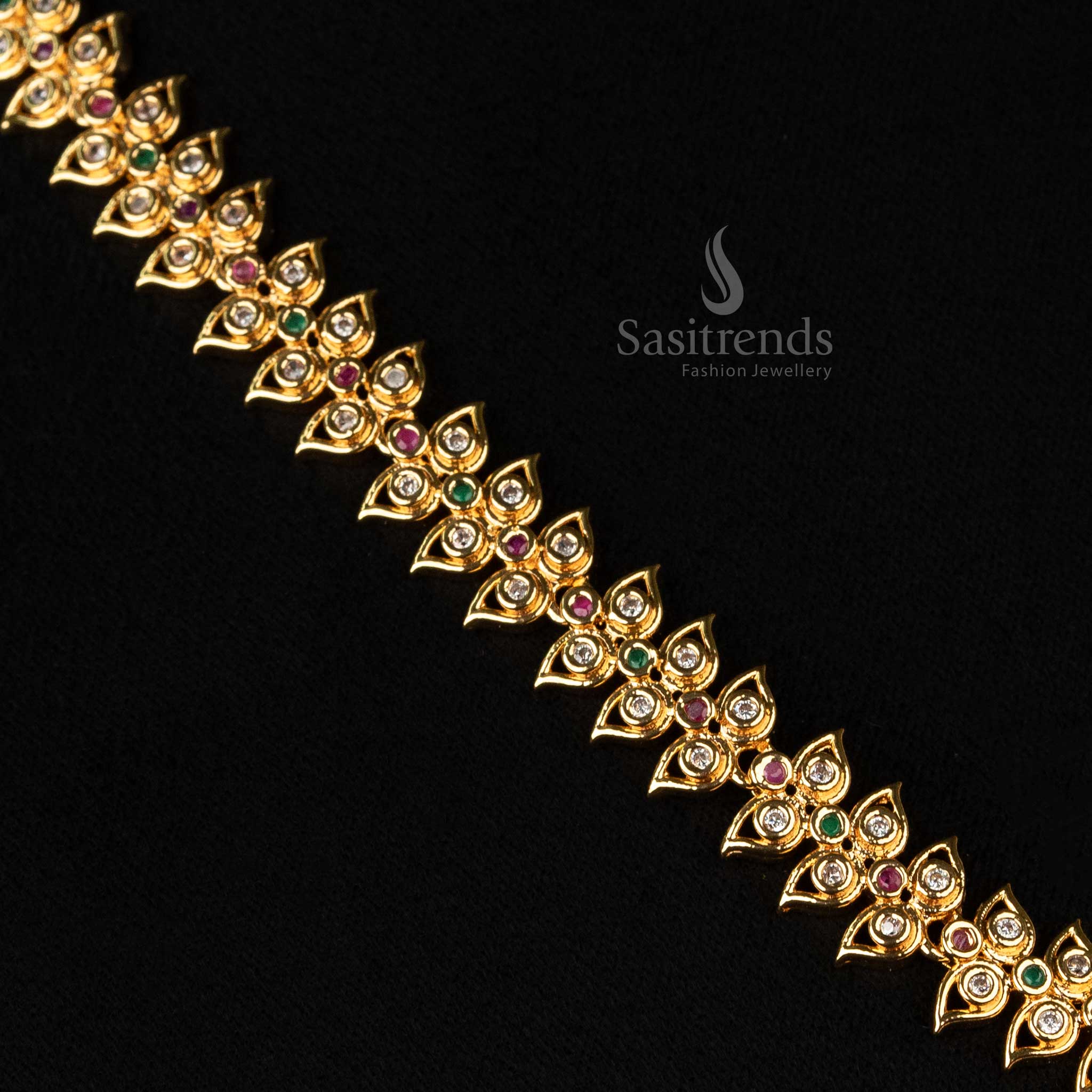 Beautiful Micro Gold Plated AD Necklace Jewellery Set with Floral Pattern, Circular Pendant, and Pearl Drops - Sasitrends - Image 5