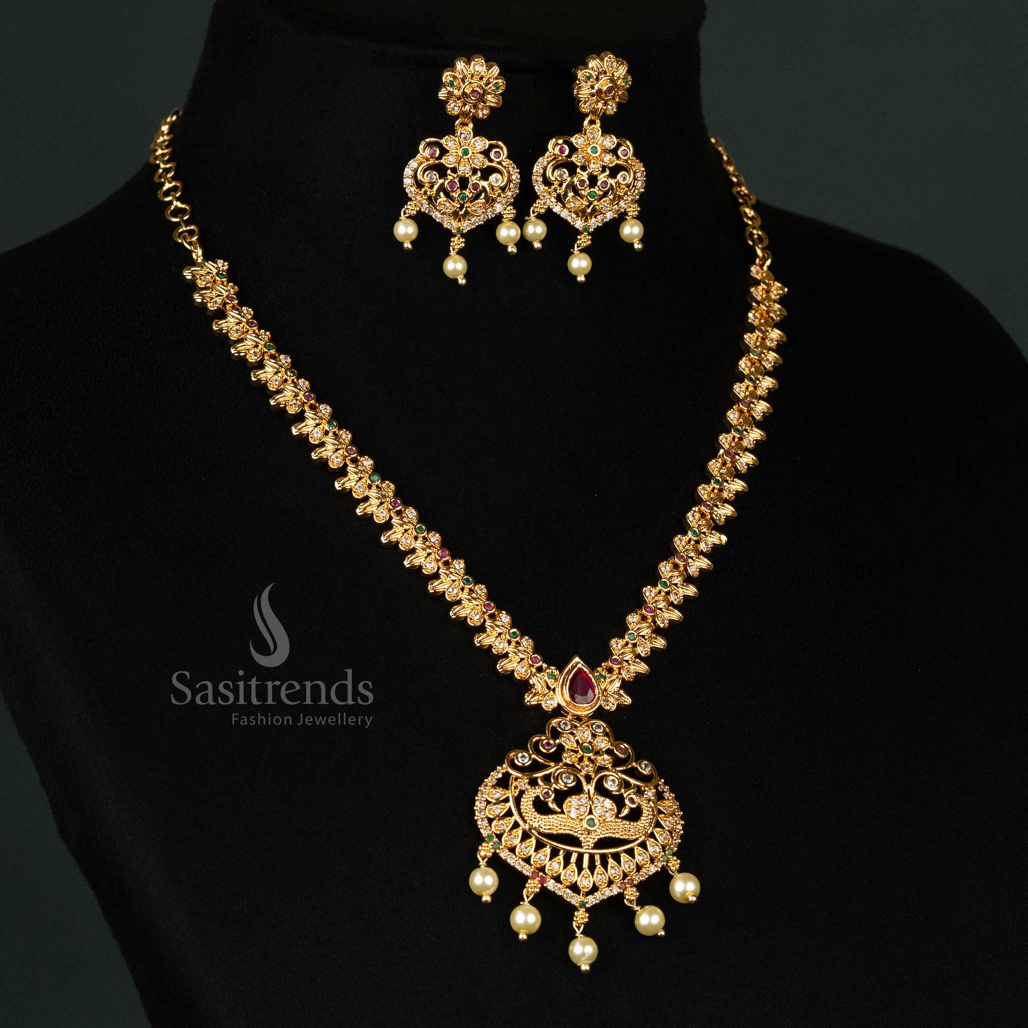 Gorgeous Micro Gold Plated AD Necklace Jewellery Set with Floral Chain, Peacock Pendant, and Pearl Drops - Sasitrends