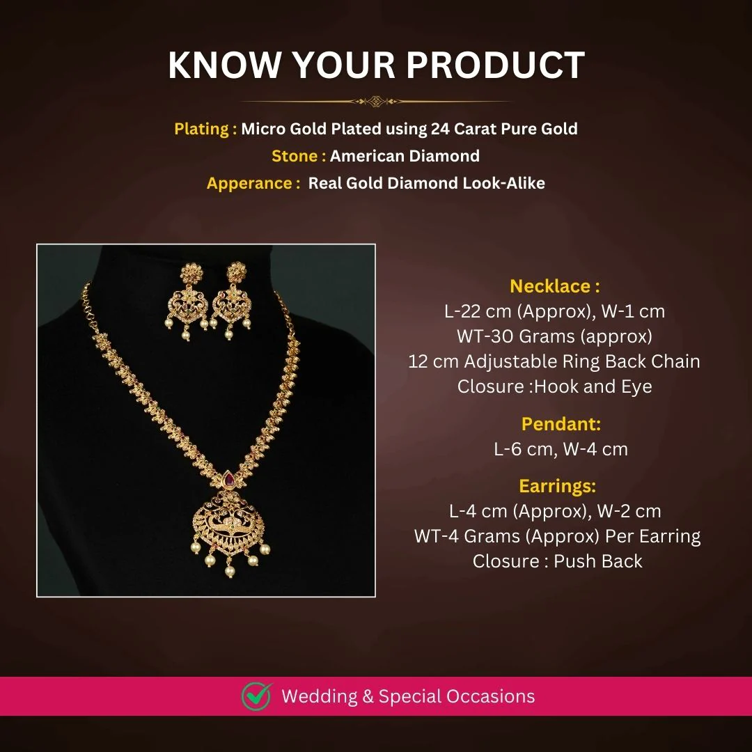 Gorgeous Micro Gold Plated AD Necklace Jewellery Set with Floral Chain, Peacock Pendant, and Pearl Drops - Sasitrends - Image 2