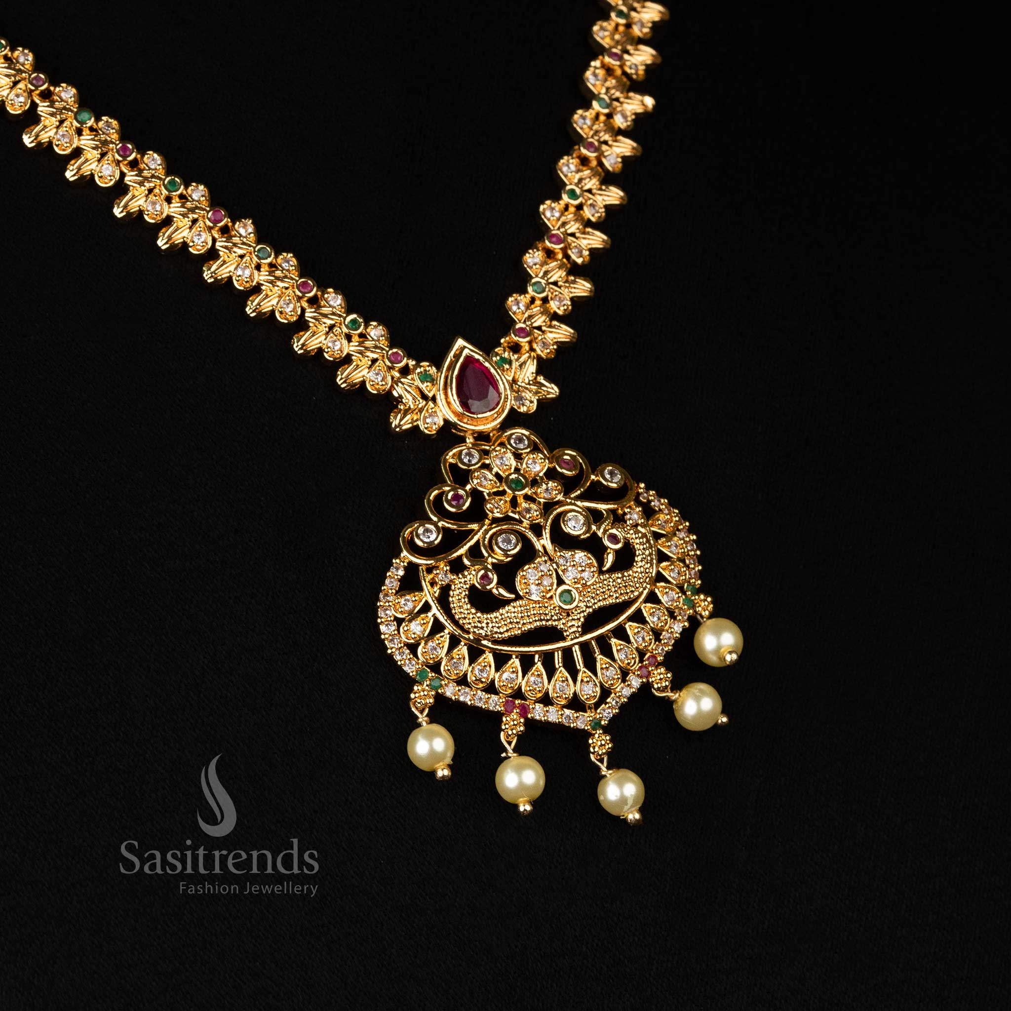 Gorgeous Micro Gold Plated AD Necklace Jewellery Set with Floral Chain, Peacock Pendant, and Pearl Drops - Sasitrends - Image 3