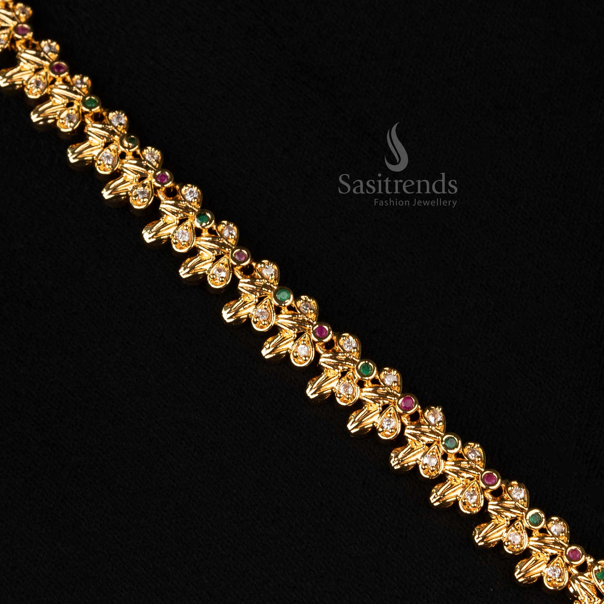 Gorgeous Micro Gold Plated AD Necklace Jewellery Set with Floral Chain, Peacock Pendant, and Pearl Drops - Sasitrends - Image 4