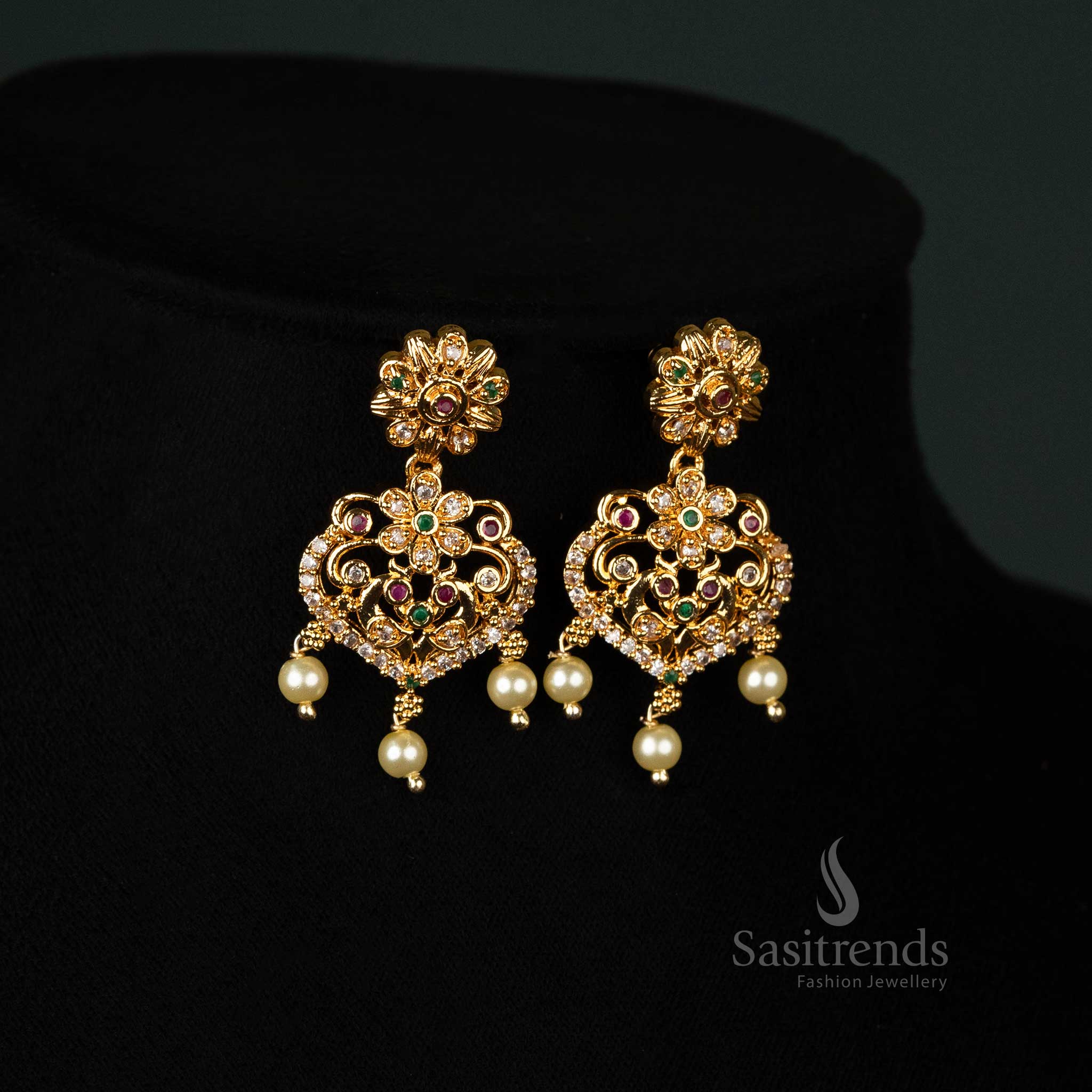 Gorgeous Micro Gold Plated AD Necklace Jewellery Set with Floral Chain, Peacock Pendant, and Pearl Drops - Sasitrends - Image 5