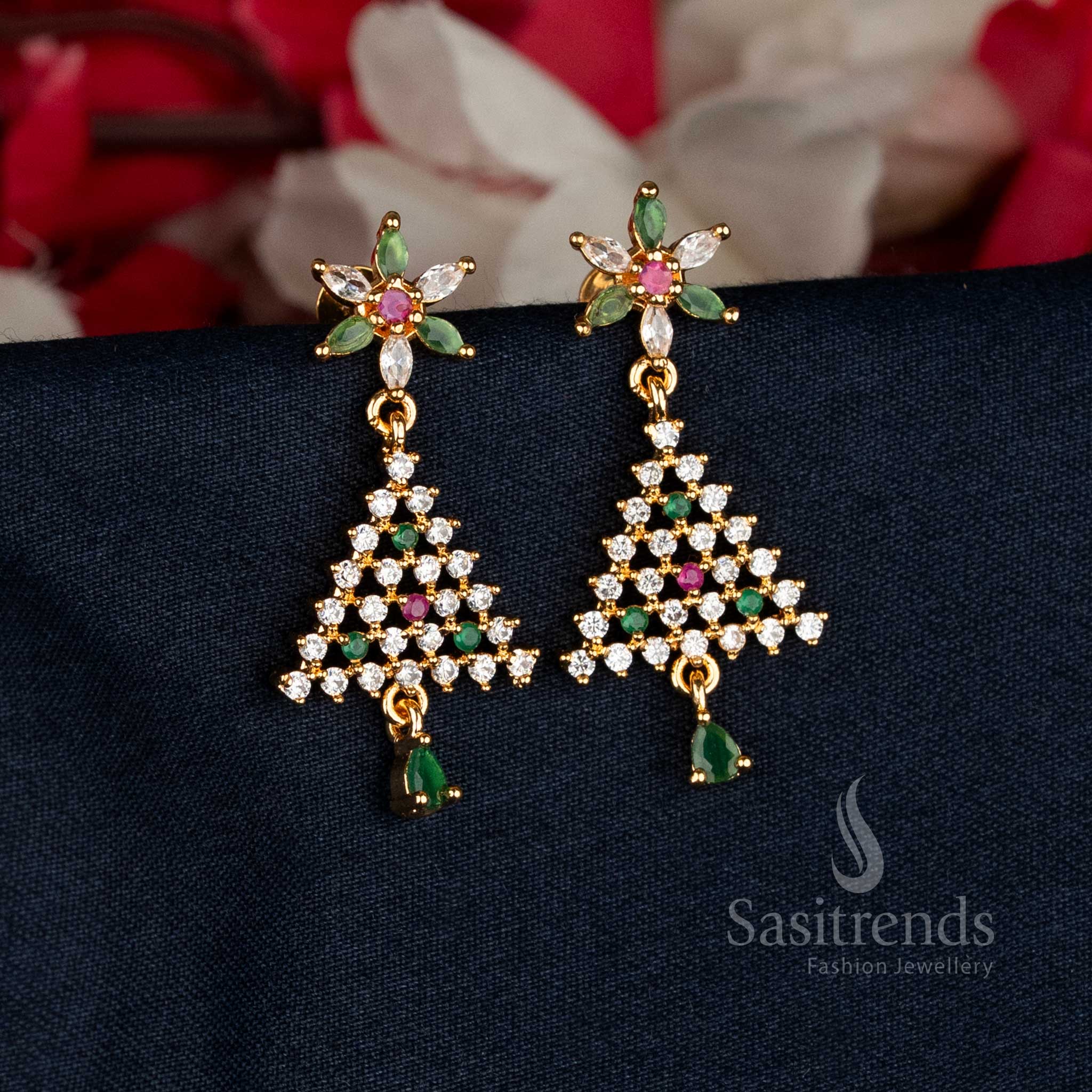Stylish Micro Gold Plated AD Stone Floral Triangular Pattern Stud Earrings - Guaranteed - Image 2