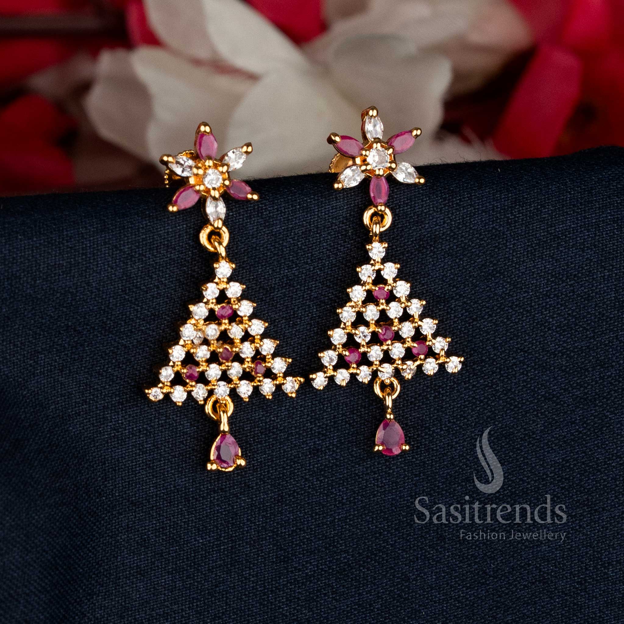 Stylish Micro Gold Plated AD Stone Floral Triangular Pattern Stud Earrings - Guaranteed - Image 3