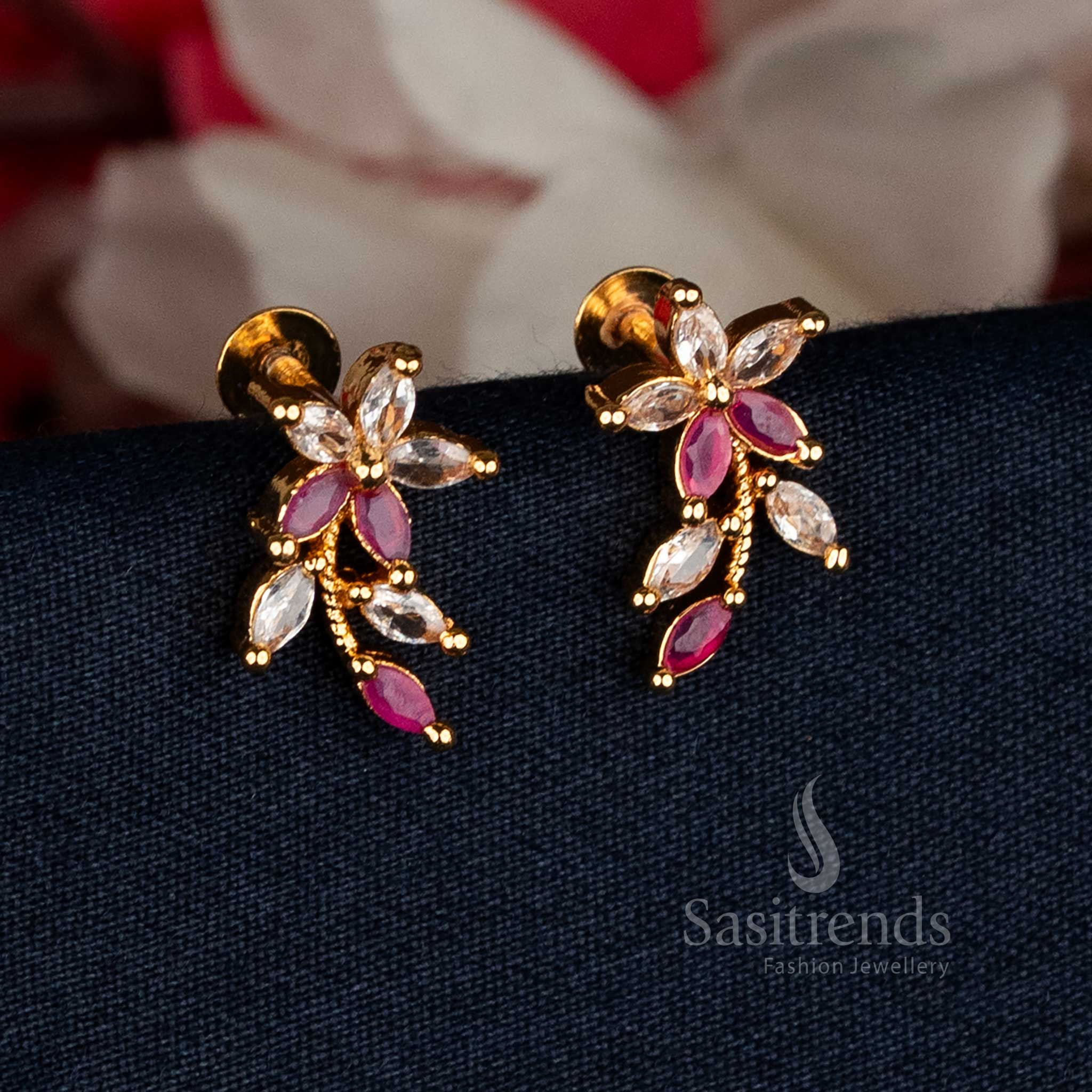 Stylish Micro Gold Plated AD Stone Marquise Floral Vine Stud Earrings for Party Wear - Image 2