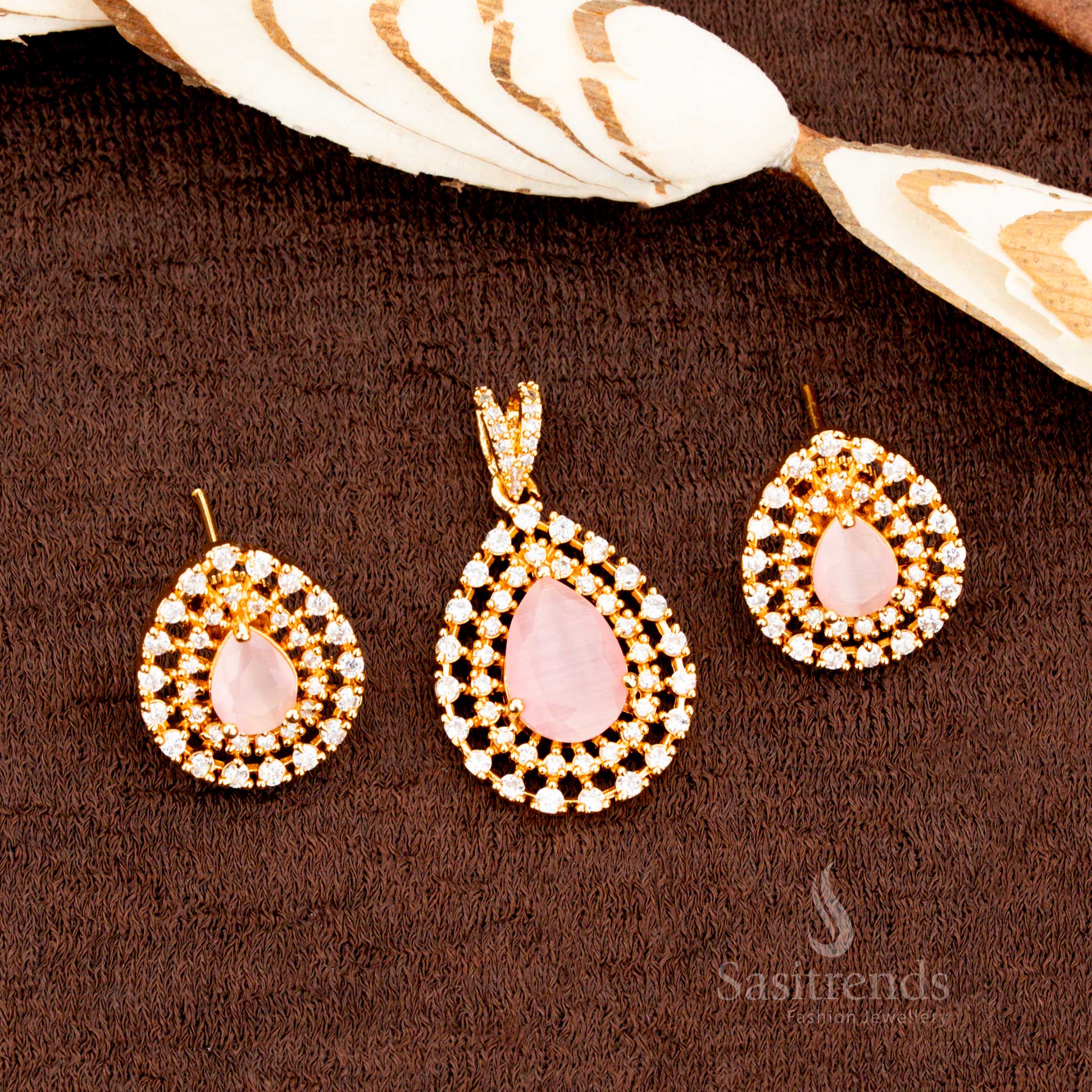 Stylish Micro Gold Plated AD Stone Studded Teardrop Pendant Set - Sasitrends - Image 4