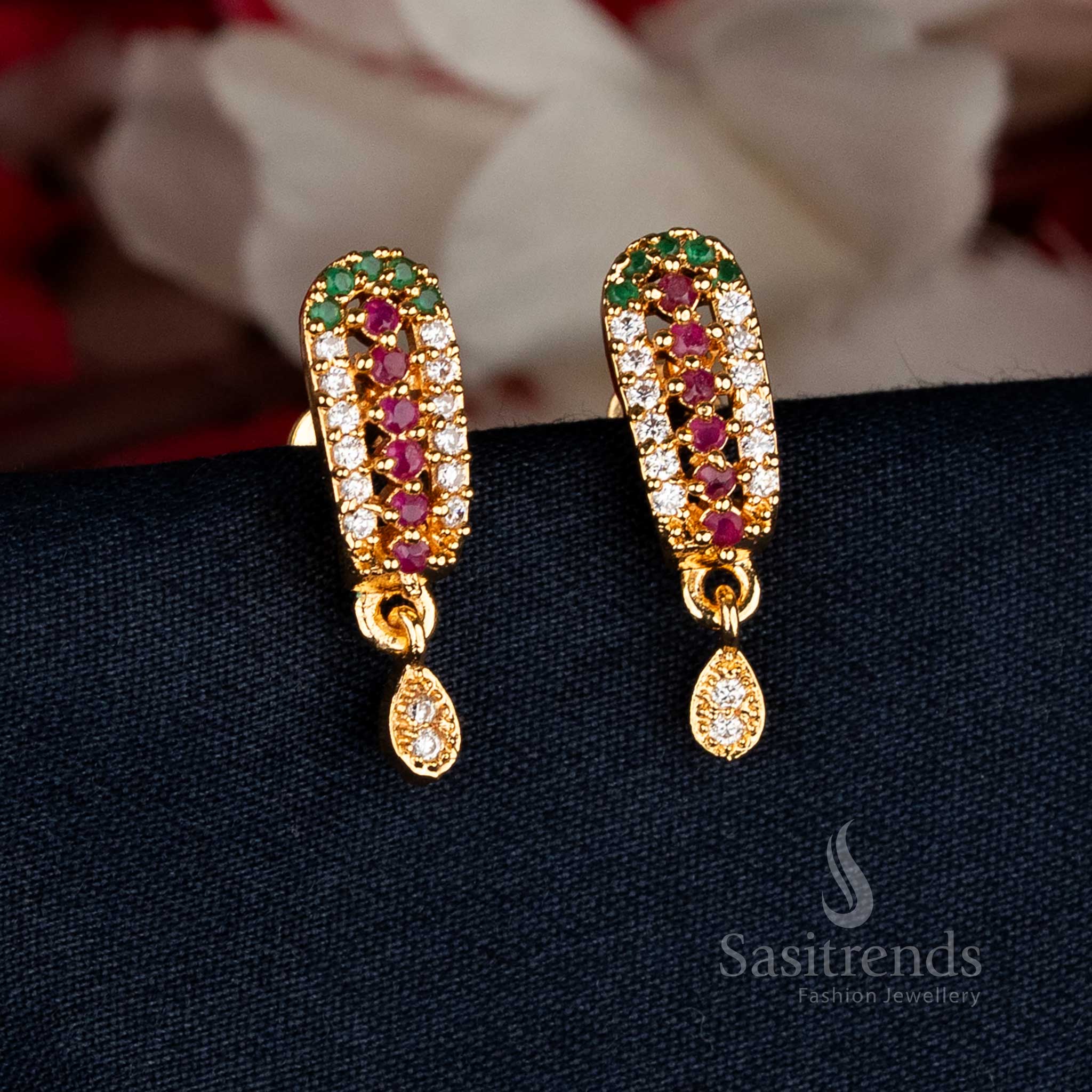 Guaranteed Micro Gold Plated AD Stone Rectangular Drop Earrings – Real Gold Look Traditional Design - Image 3