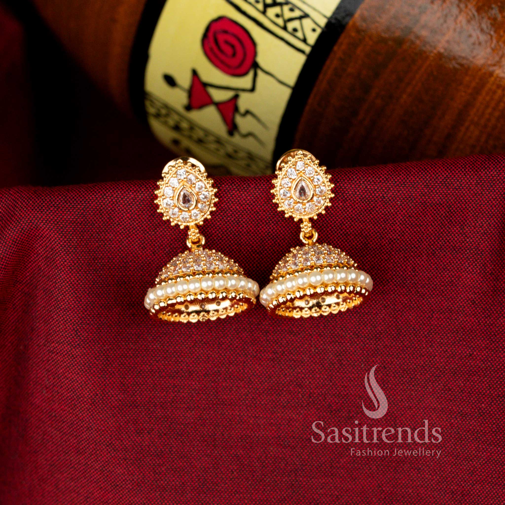 Micro Gold Plated American Diamond Teardrop & Pearl Dome Jhumka Earrings – Real Gold Look - Image 10