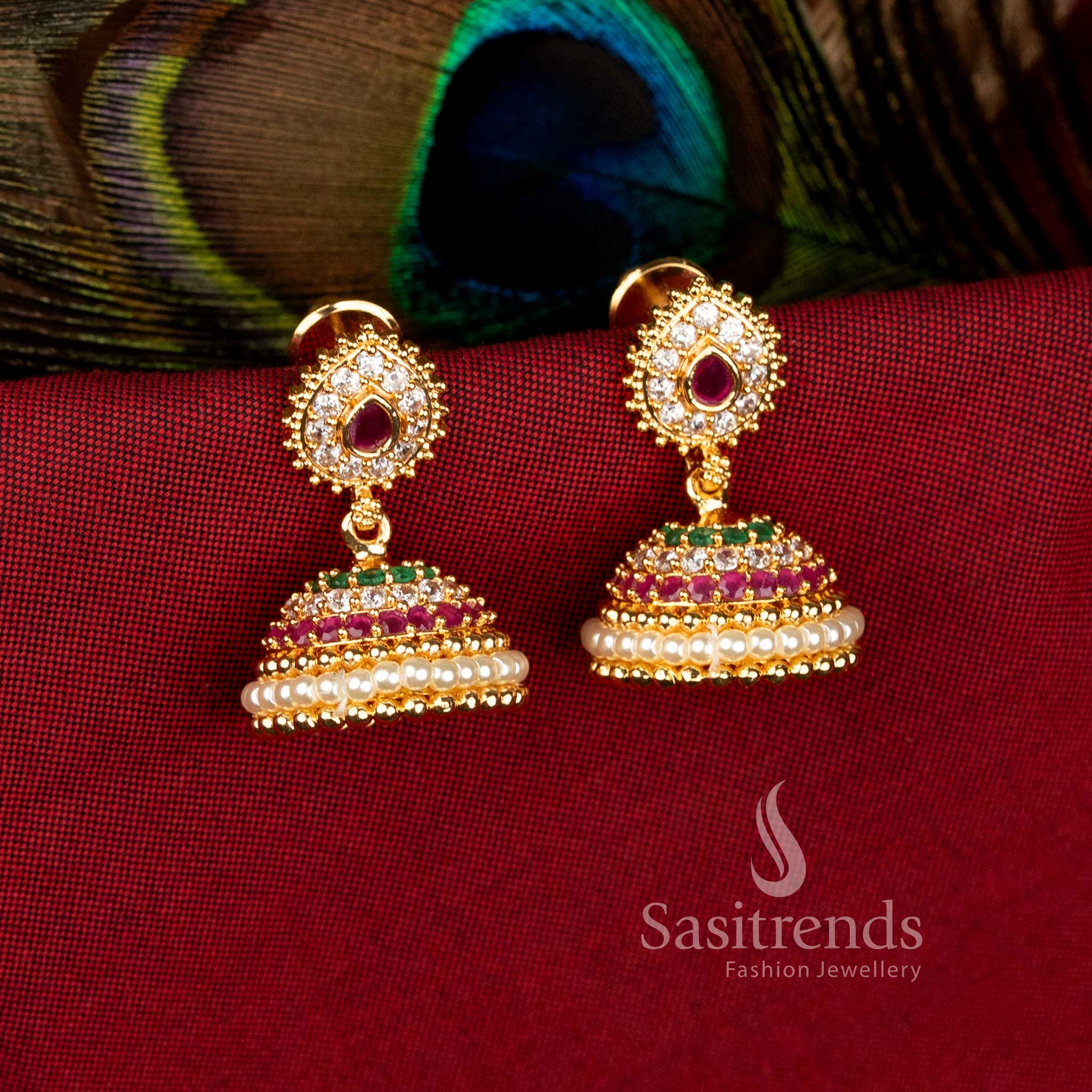 Micro Gold Plated American Diamond Teardrop & Pearl Dome Jhumka Earrings – Real Gold Look - Image 8