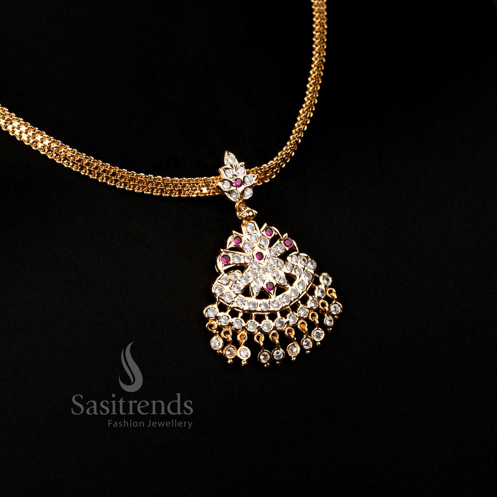 Elegant Micro Gold Plated Addigai Necklace with Floral Pendant & Stone Drop Danglers – Wedding & Festive Jewellery - Image 2