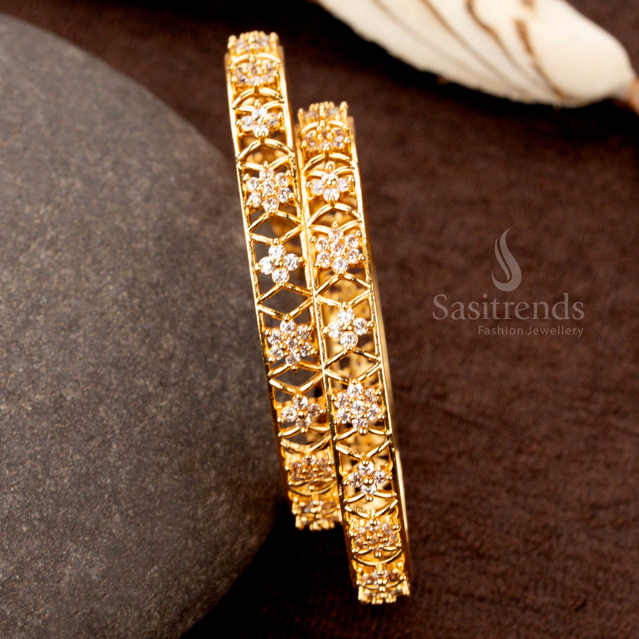 Beautiful Micro Gold Plated American Diamond Floral Bangles – One Gram Jewellery with Criss-Cross Mesh Structure and Stone-Studded Design - Sasitrends - Image 4