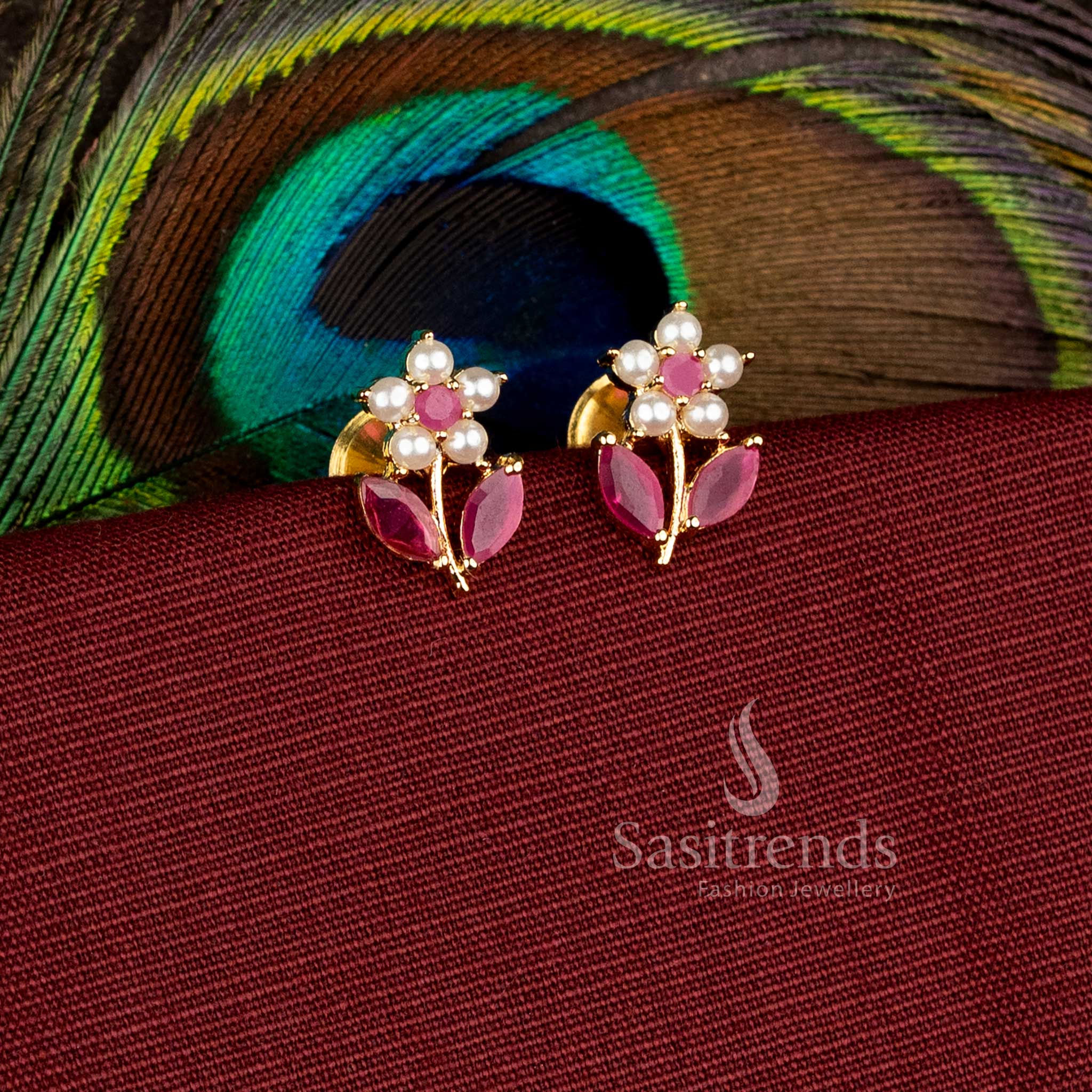 Guaranteed One Gram Micro Gold Plated AD Stone Floral Starburst Earrings with Marquise Leaf Detailing - Image 10