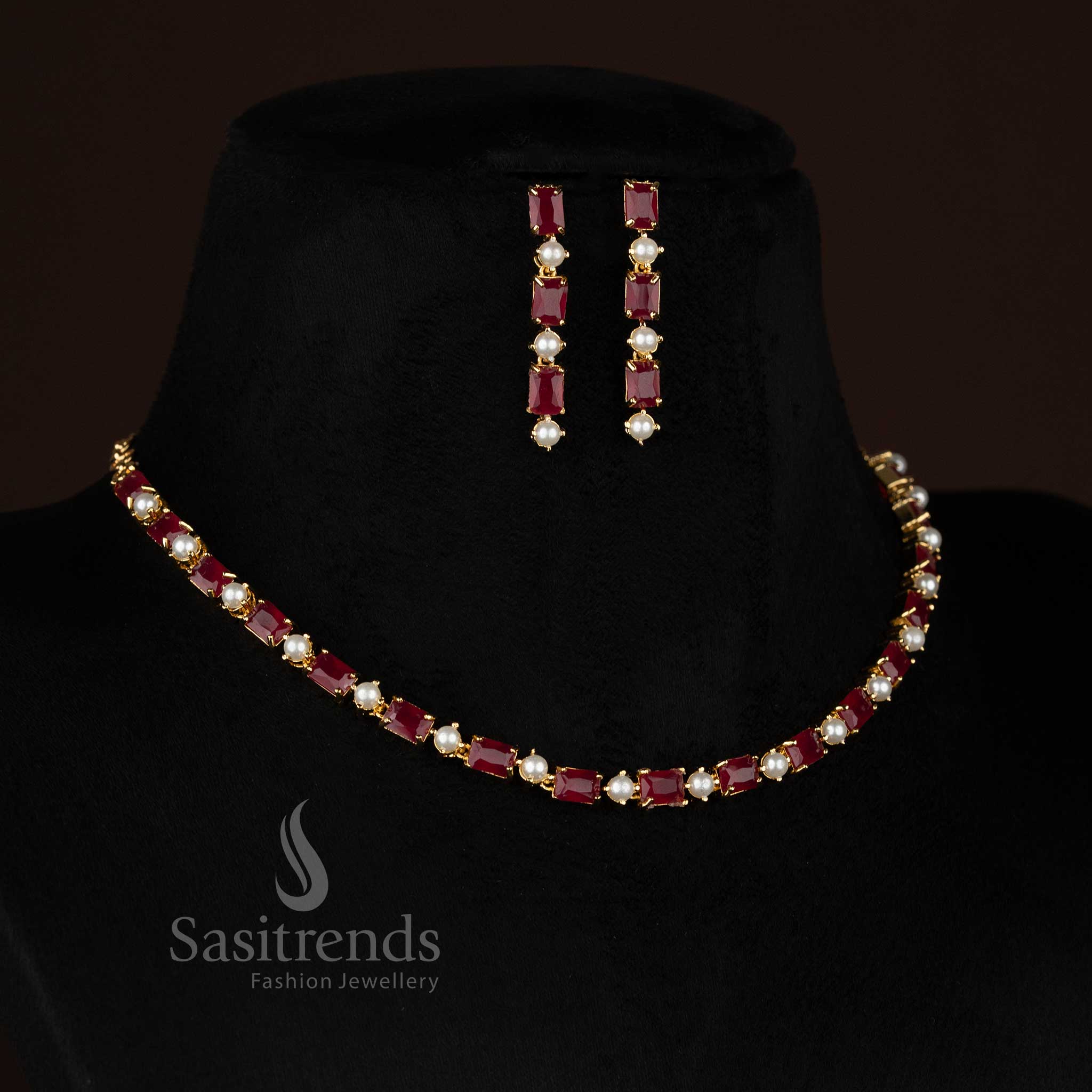 Amazing 24k Micro Gold Plated American Diamond Rectangle Stone and Pearl Link Necklace Set for Party Wear - Image 4