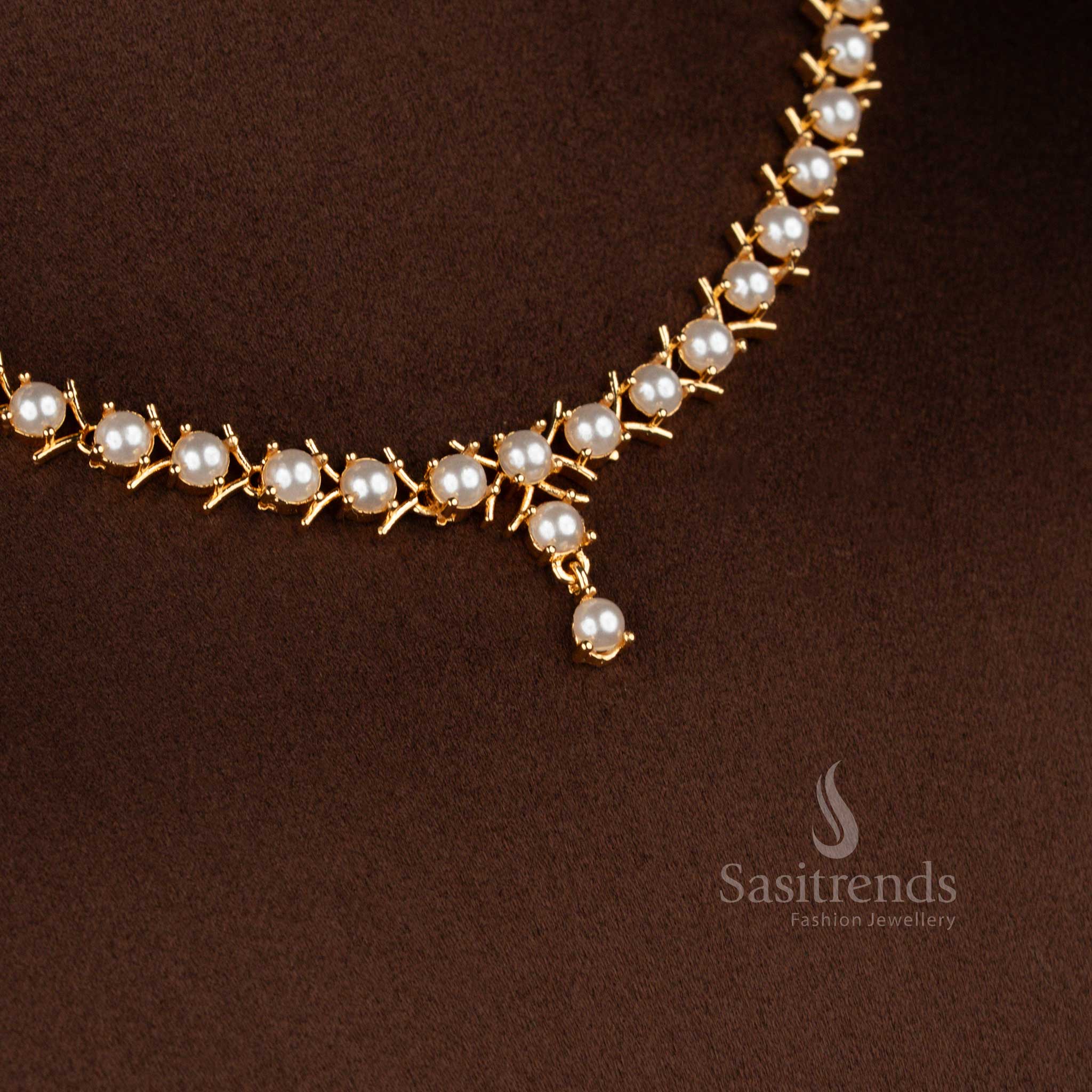 Elegant Micro Gold Plated American Diamond V-Cut with Round Stone and Pearl,Pavalam,Navarathna Necklace Set For Party Wear - Image 11