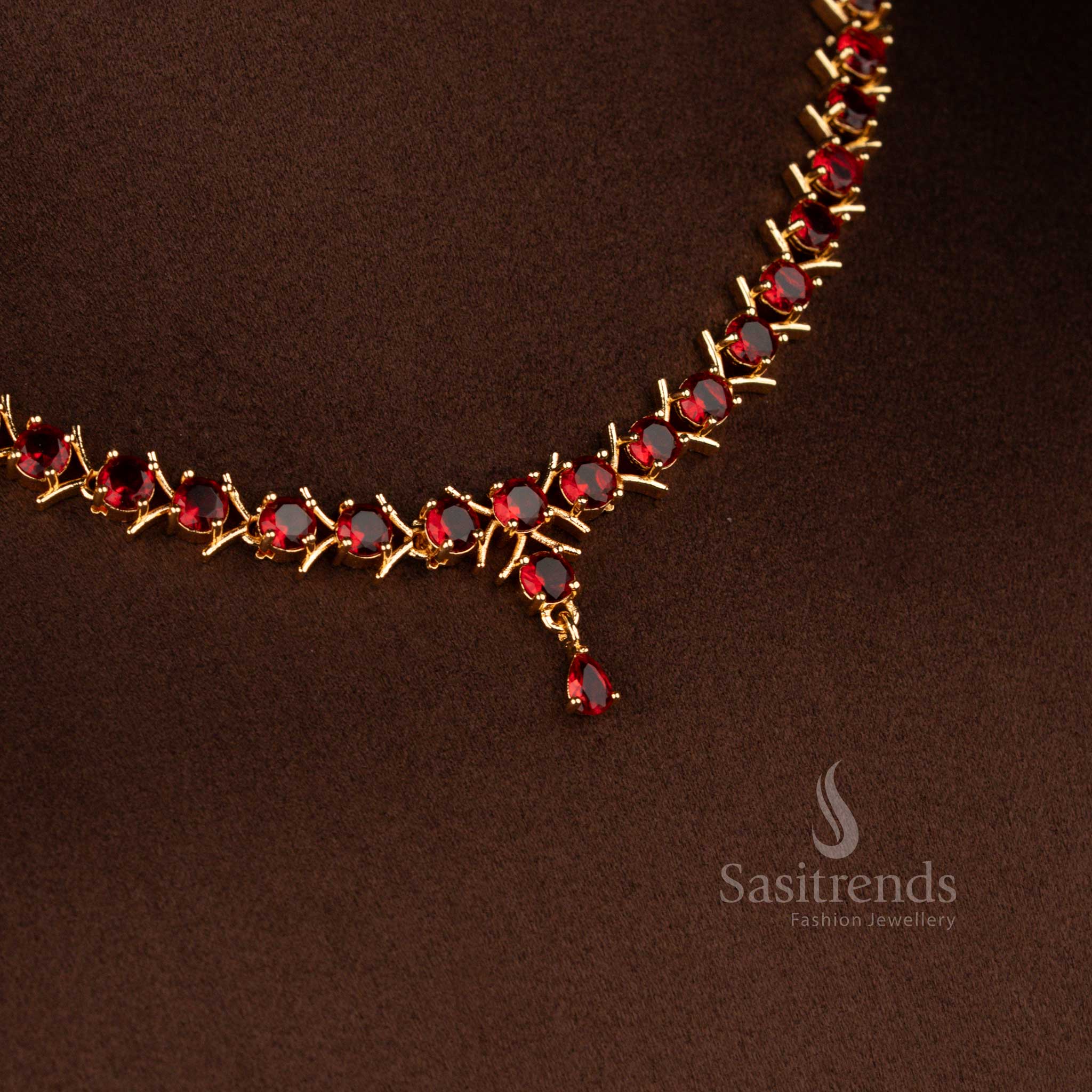 Elegant Micro Gold Plated American Diamond V-Cut with Round Stone and Pearl,Pavalam,Navarathna Necklace Set For Party Wear - Image 19