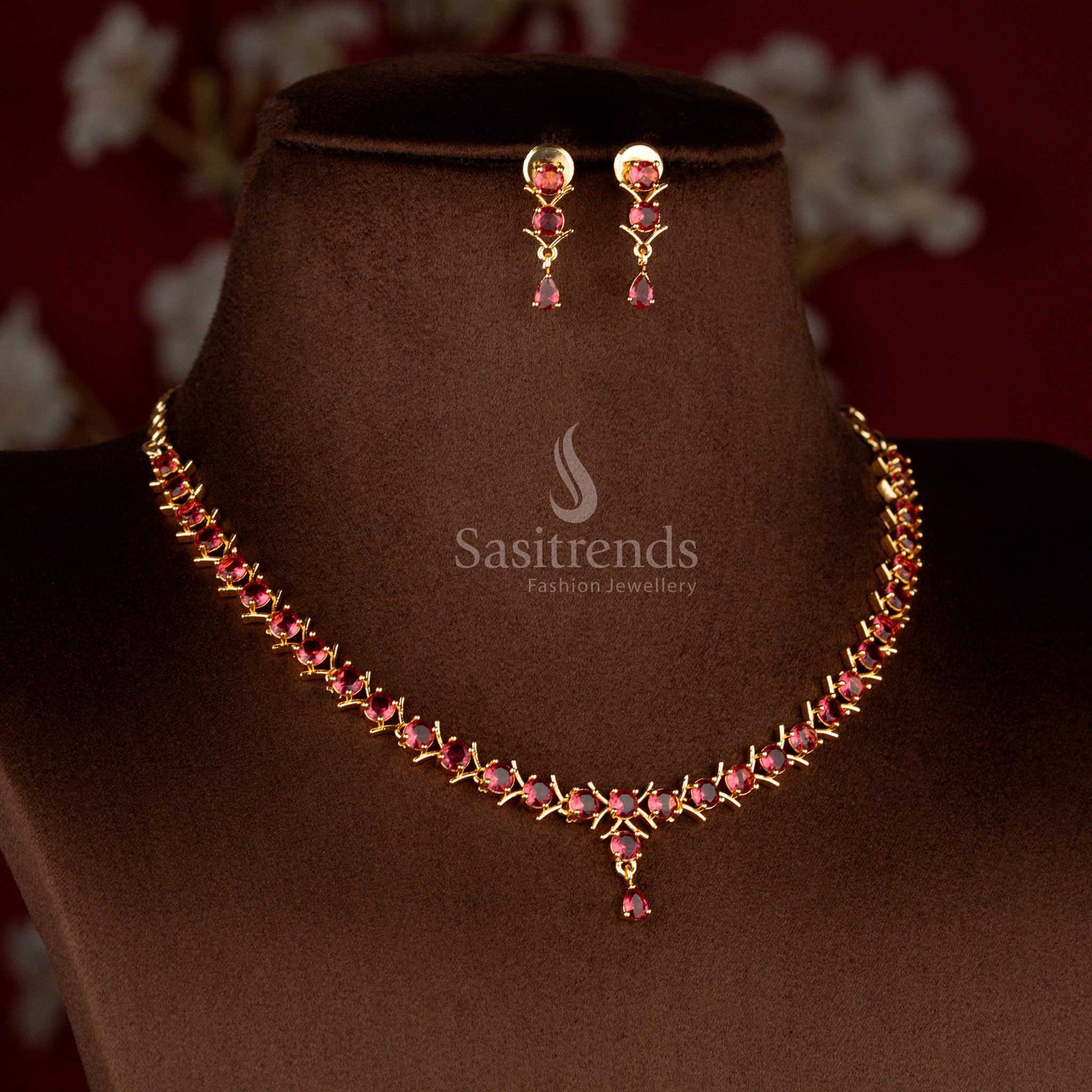 Elegant Micro Gold Plated American Diamond V-Cut with Round Stone and Pearl,Pavalam,Navarathna Necklace Set For Party Wear - Image 2