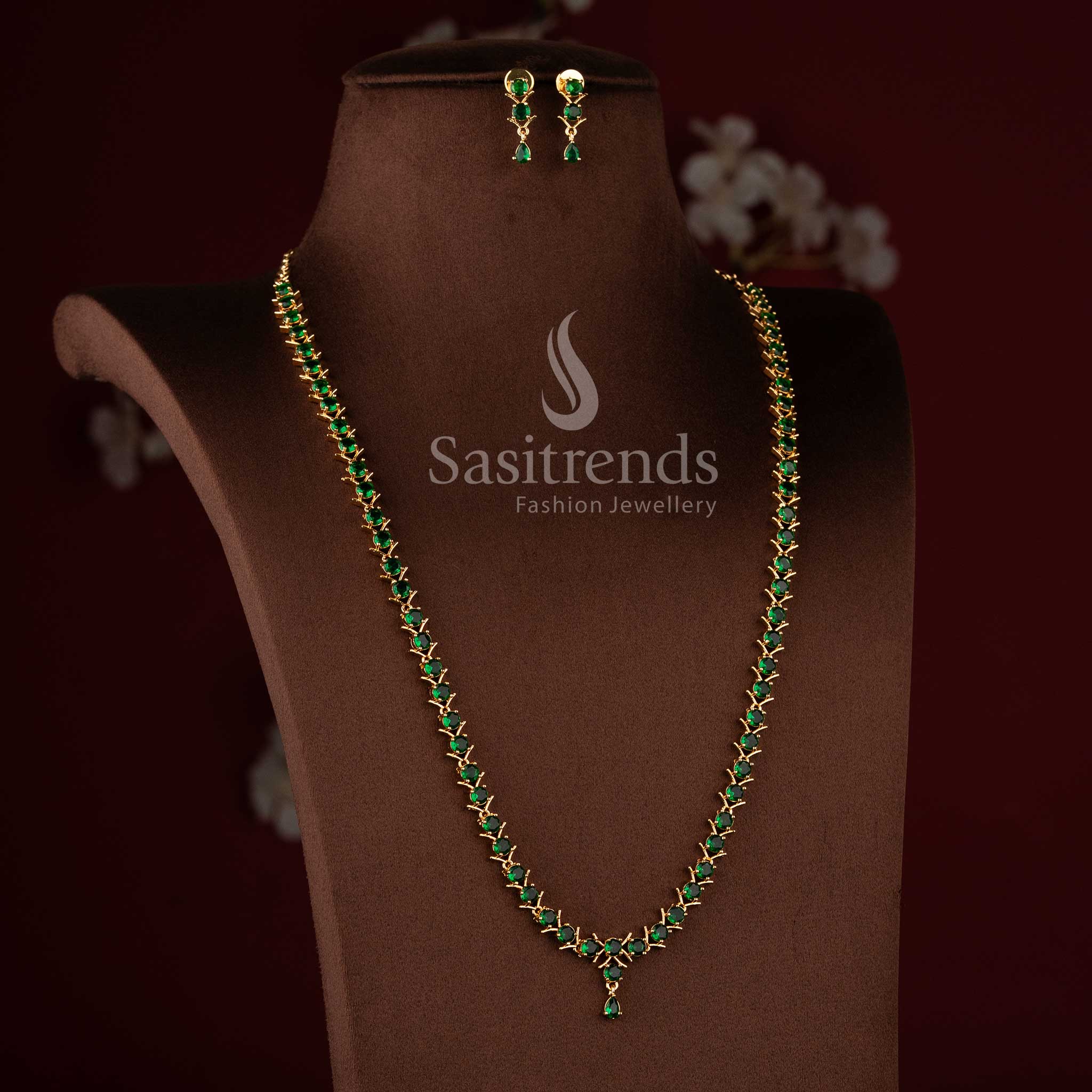 Elegant Micro Gold Plated American Diamond V-Cut with Round Stone and Pearl,Pavalam,Navarathna Necklace Set For Party Wear - Image 23