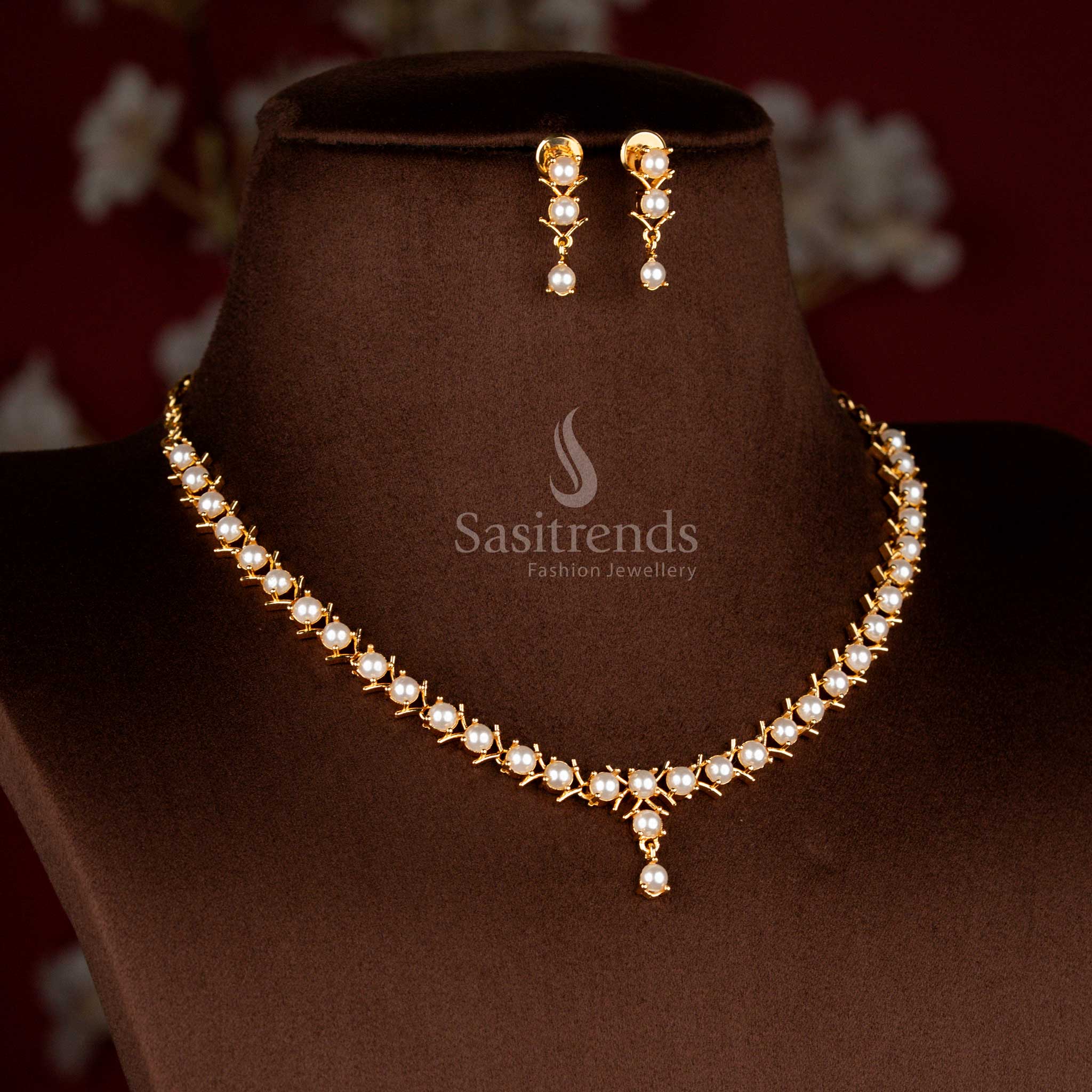 Elegant Micro Gold Plated American Diamond V-Cut with Round Stone and Pearl,Pavalam,Navarathna Necklace Set For Party Wear - Image 3