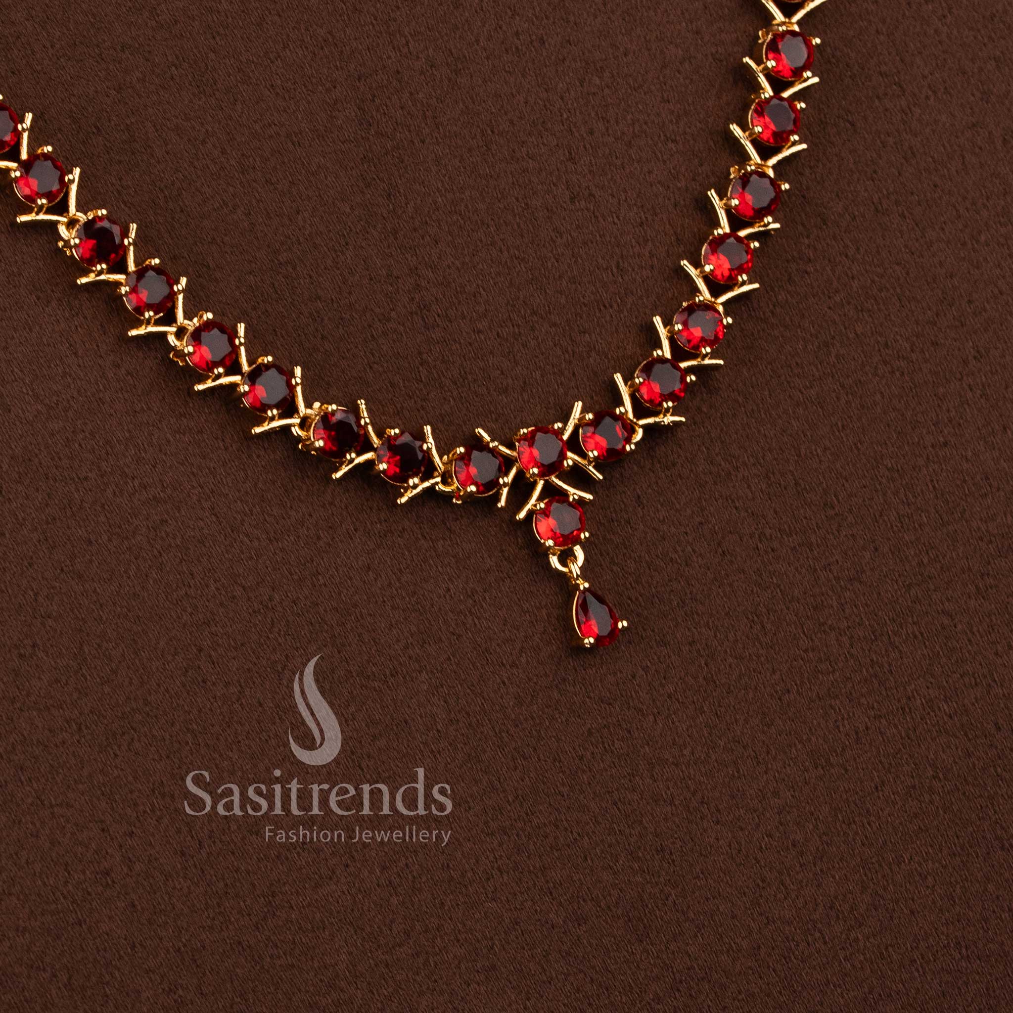 Elegant Micro Gold Plated American Diamond V-Cut with Round Stone and Pearl,Pavalam,Navarathna Necklace Set For Party Wear - Image 30