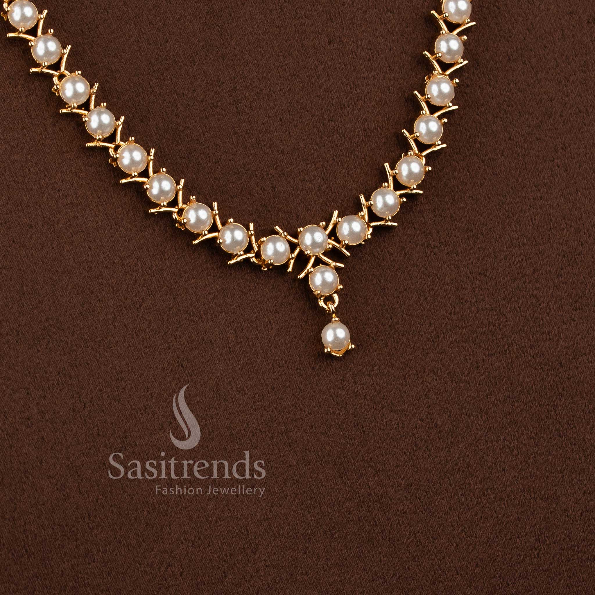 Elegant Micro Gold Plated American Diamond V-Cut with Round Stone and Pearl,Pavalam,Navarathna Necklace Set For Party Wear - Image 32