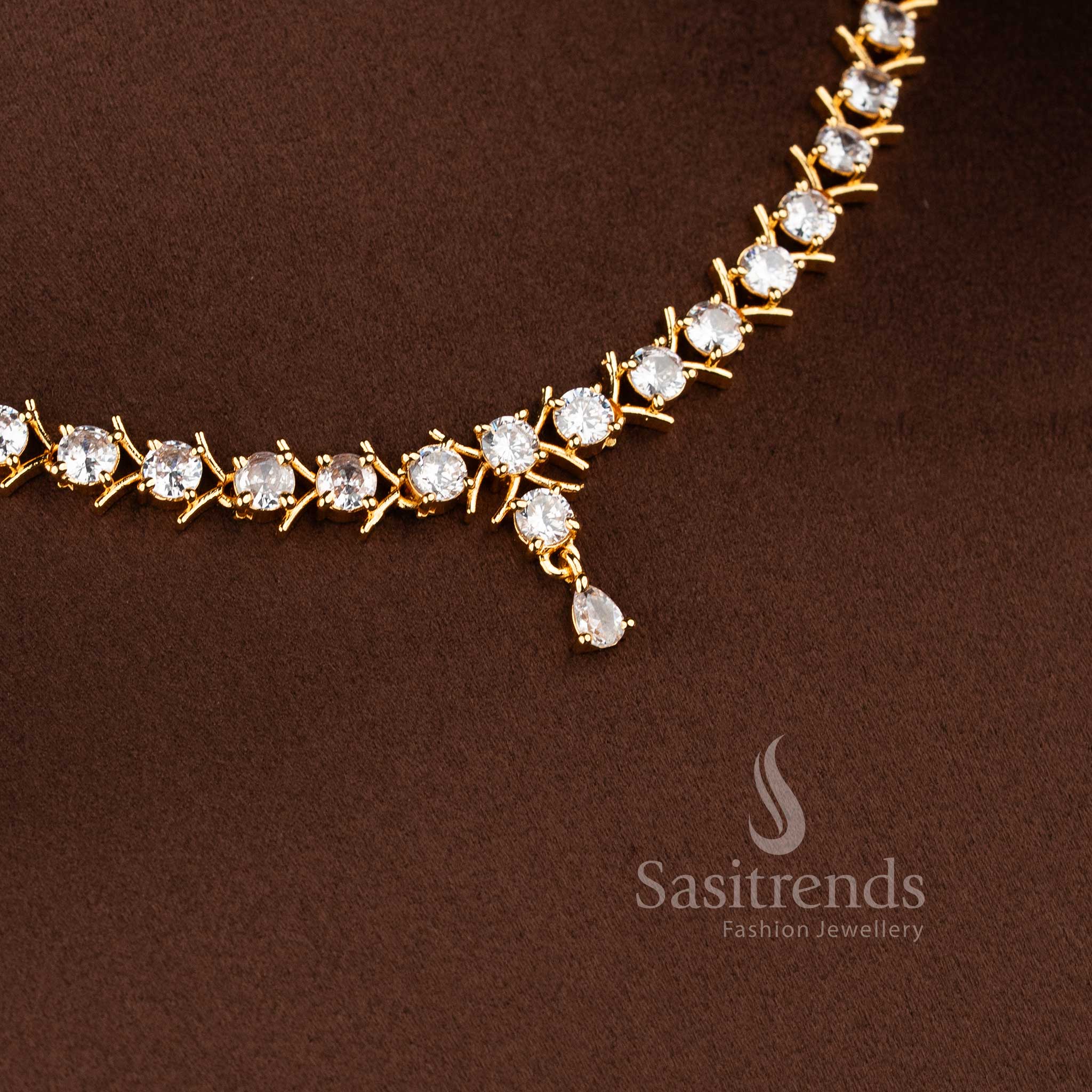 Elegant Micro Gold Plated American Diamond V-Cut with Round Stone and Pearl,Pavalam,Navarathna Necklace Set For Party Wear - Image 39