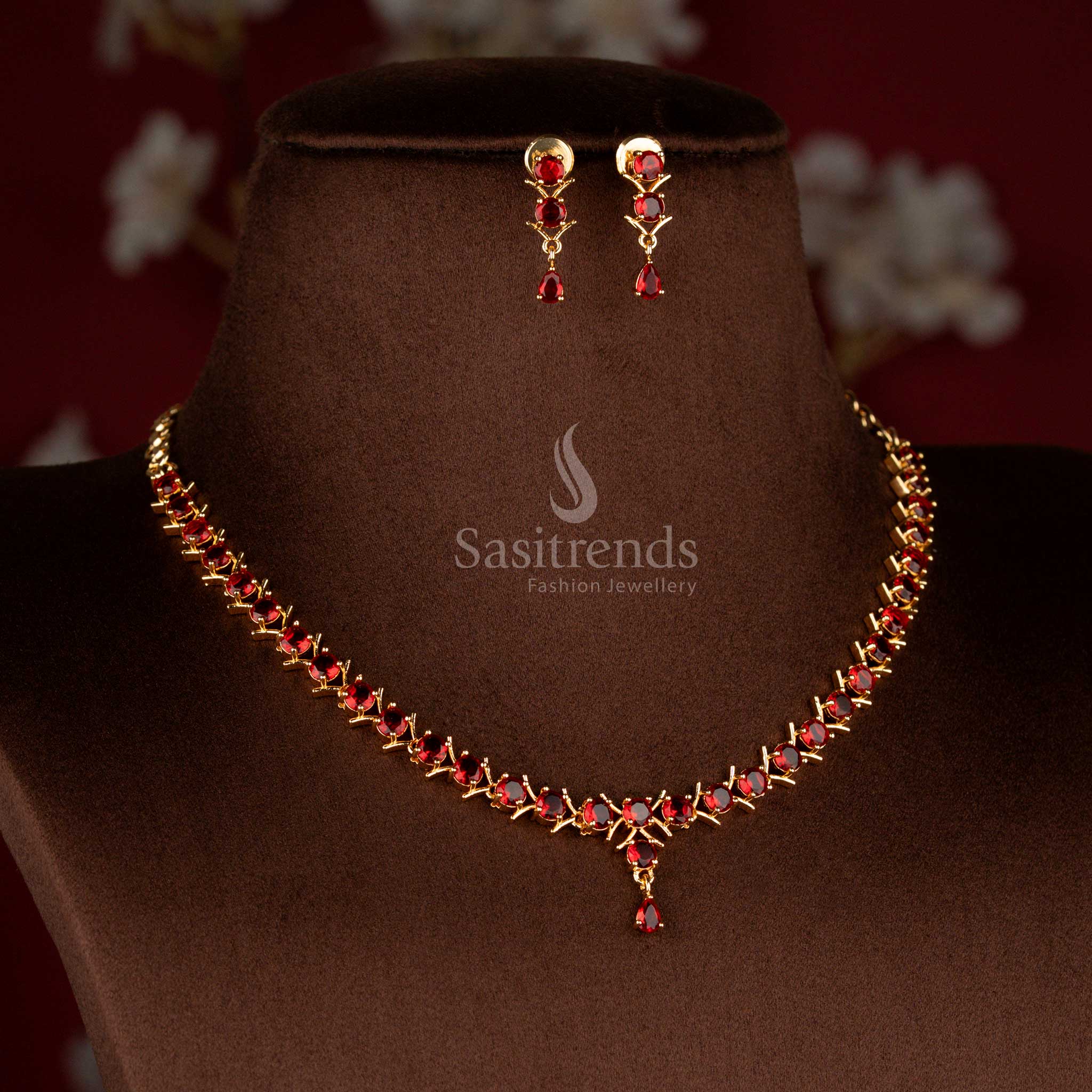 Elegant Micro Gold Plated American Diamond V-Cut with Round Stone and Pearl,Pavalam,Navarathna Necklace Set For Party Wear - Image 4