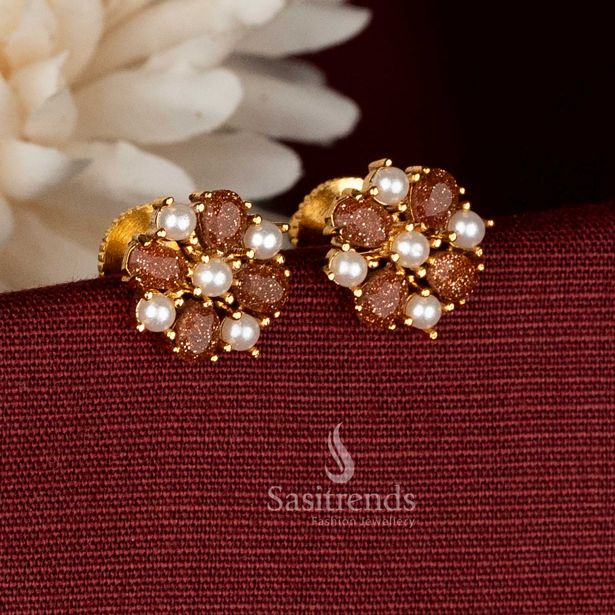 Graceful Micro Gold Plated Four-Petal AD Teardrop Floral Pearl Stud Earrings for Temple & Cultural Wear - Image 3