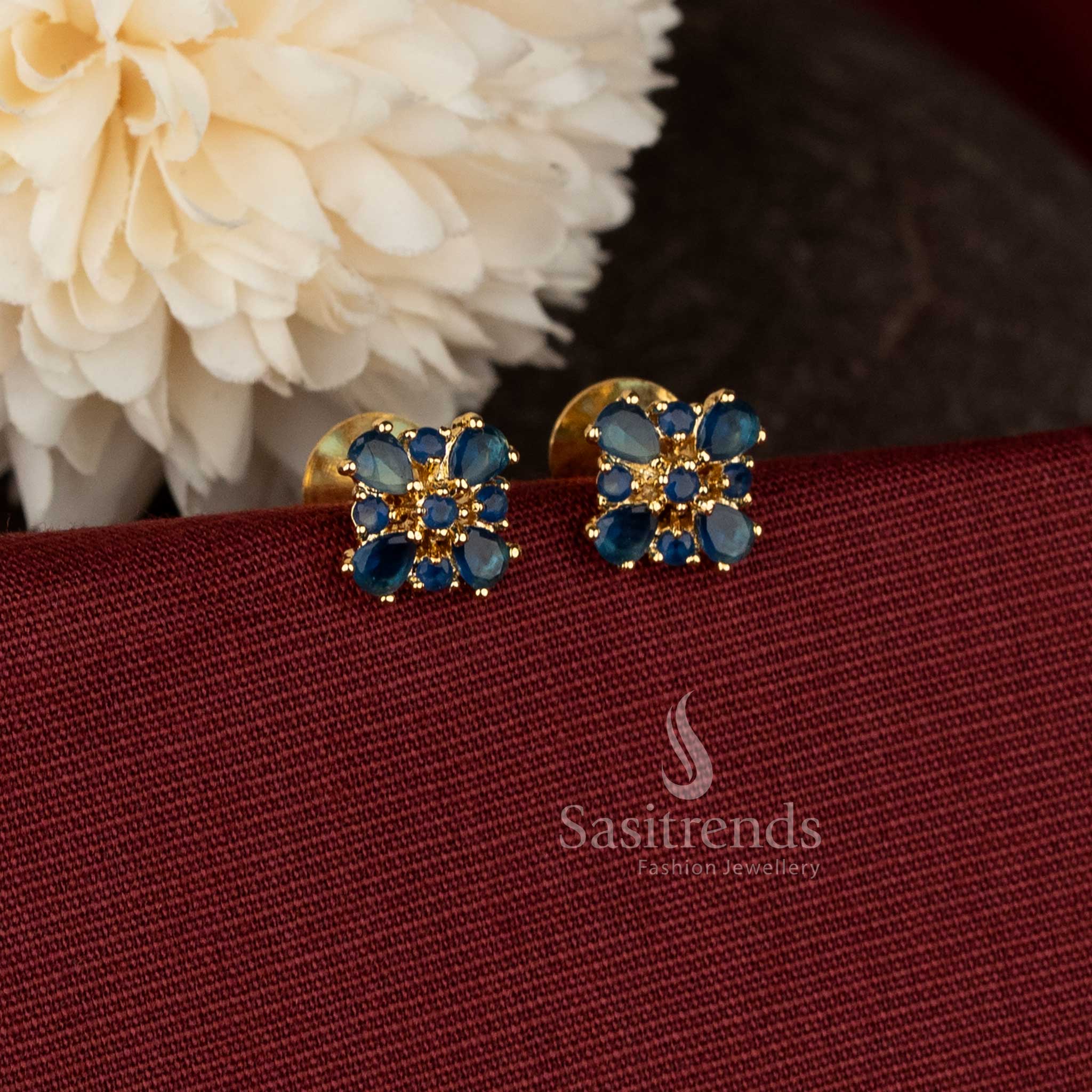 Graceful Micro Gold Plated Four-Petal AD Teardrop Floral Pearl Stud Earrings for Temple & Cultural Wear - Image 4