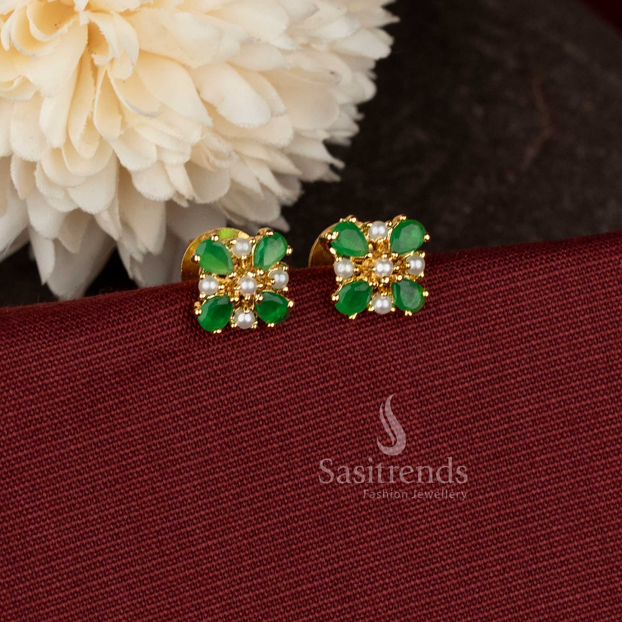 Graceful Micro Gold Plated Four-Petal AD Teardrop Floral Pearl Stud Earrings for Temple & Cultural Wear - Image 7