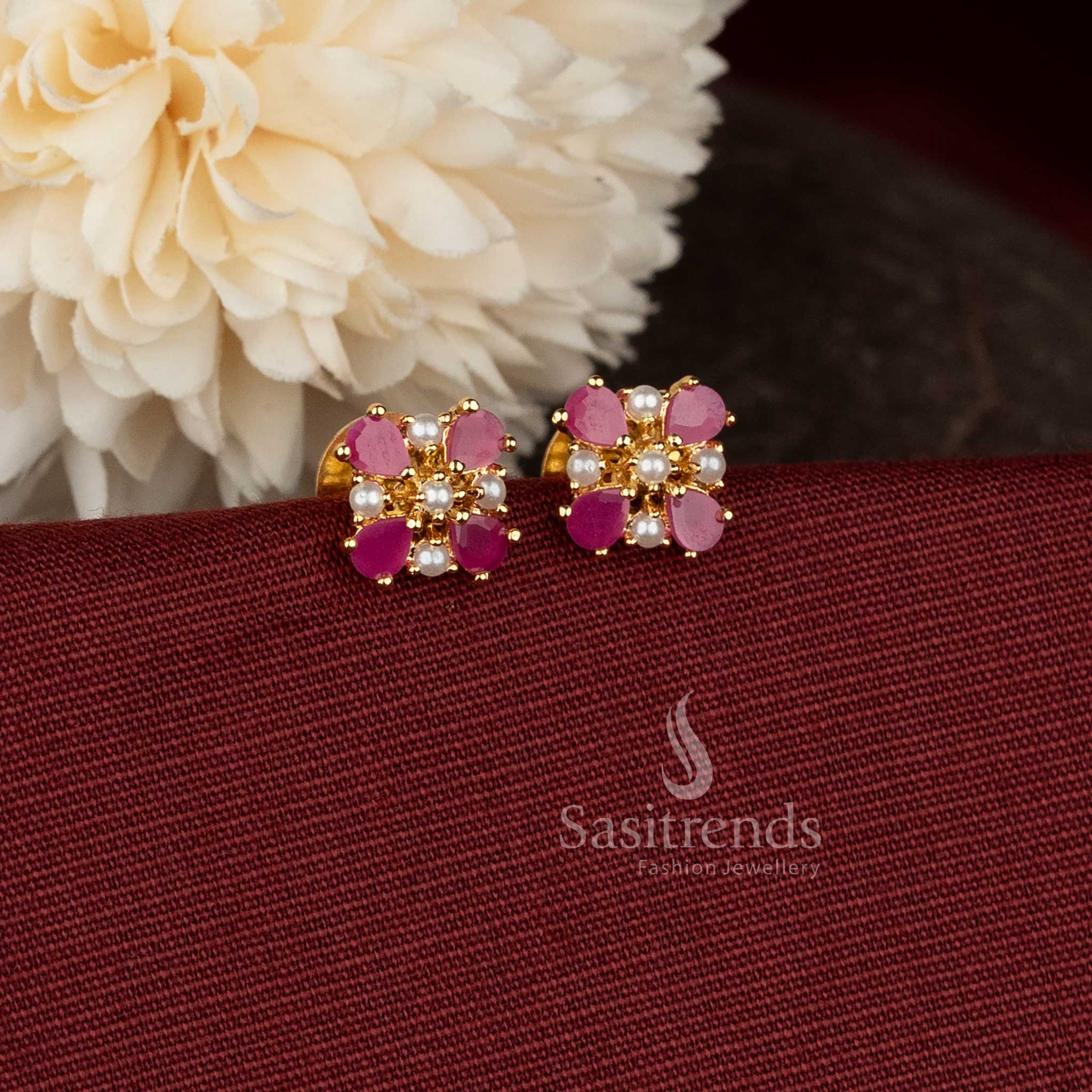 Graceful Micro Gold Plated Four-Petal AD Teardrop Floral Pearl Stud Earrings for Temple & Cultural Wear - Image 9
