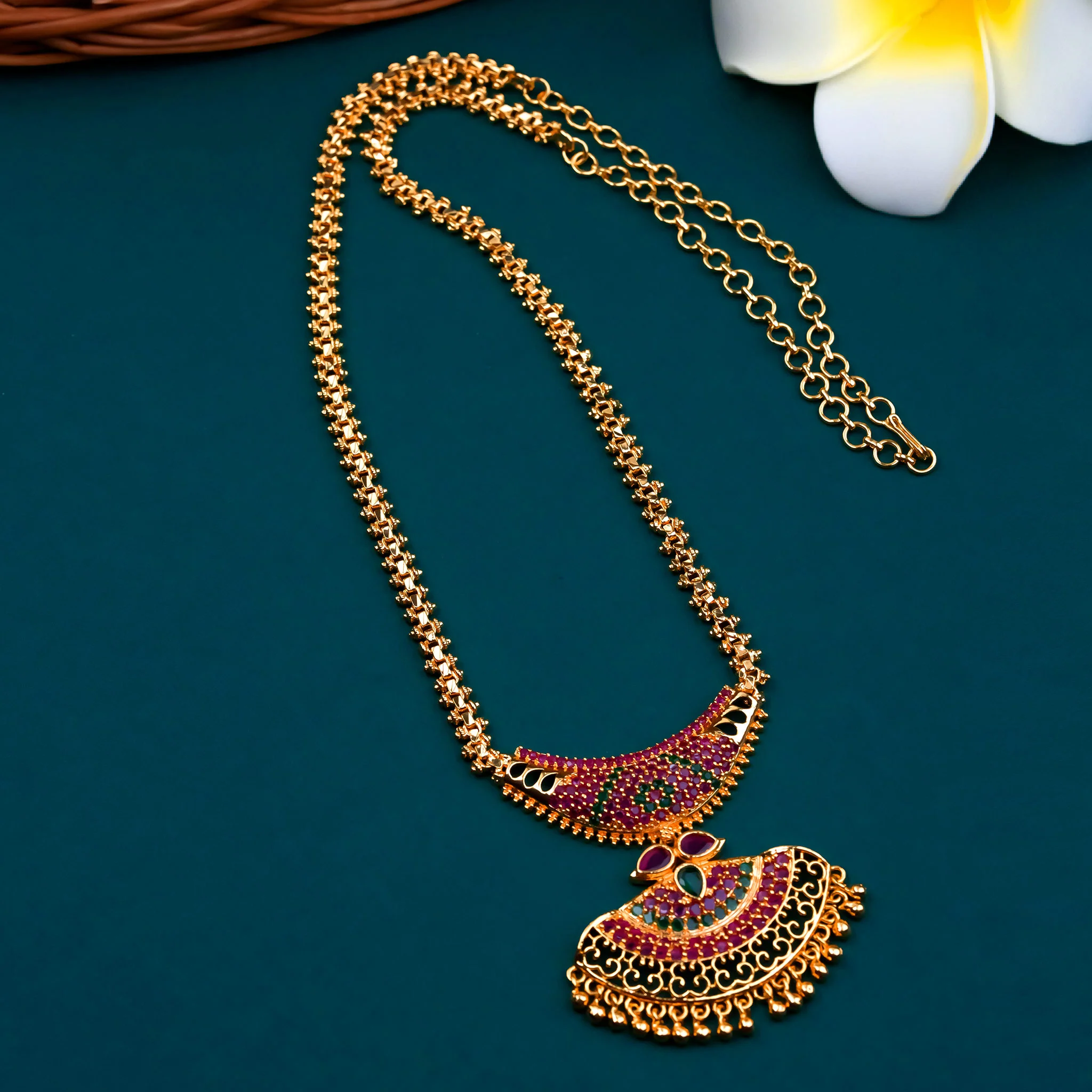 Traditional Micro Gold Plated Long Pendant Gajiri Necklace with American Diamond Stones - Latest Trendy Kerala Style - Image 10