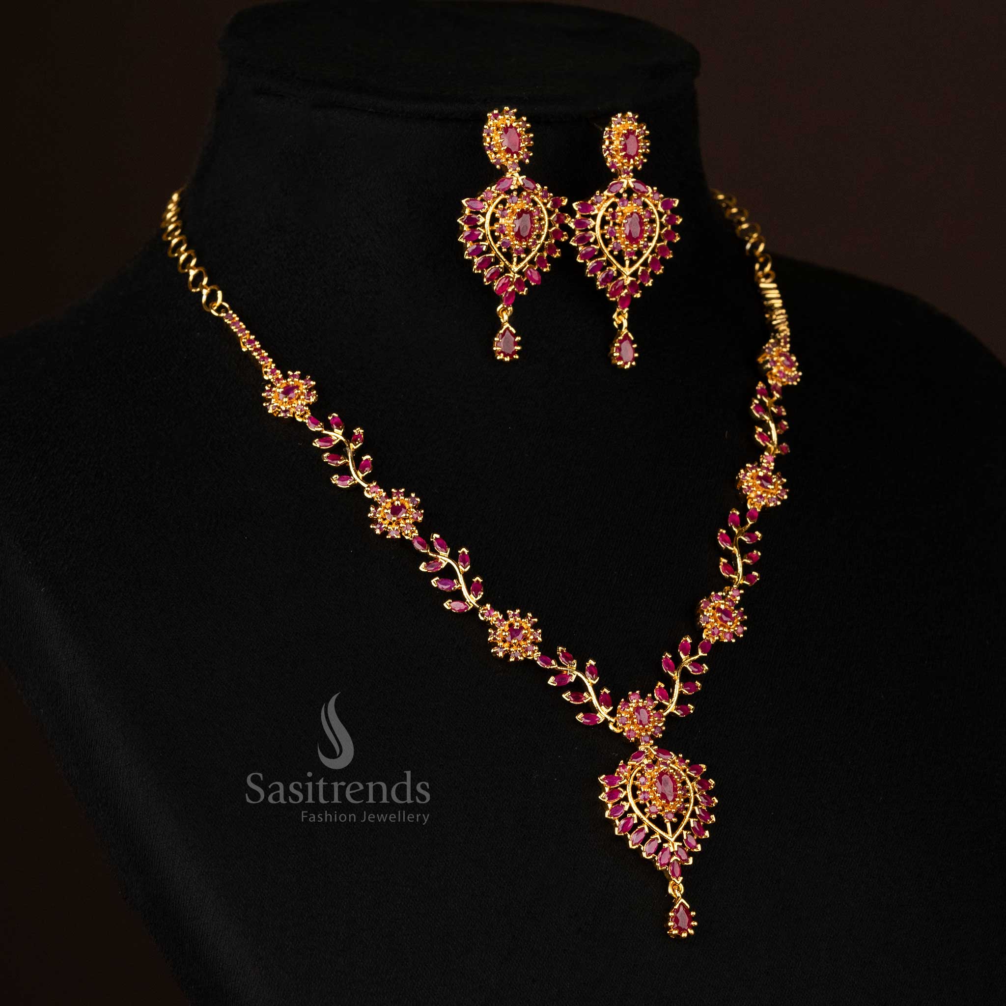 Latest Traditional Micro Gold Plated American Diamond Floral Pendant Necklace Jewellery Set for Women