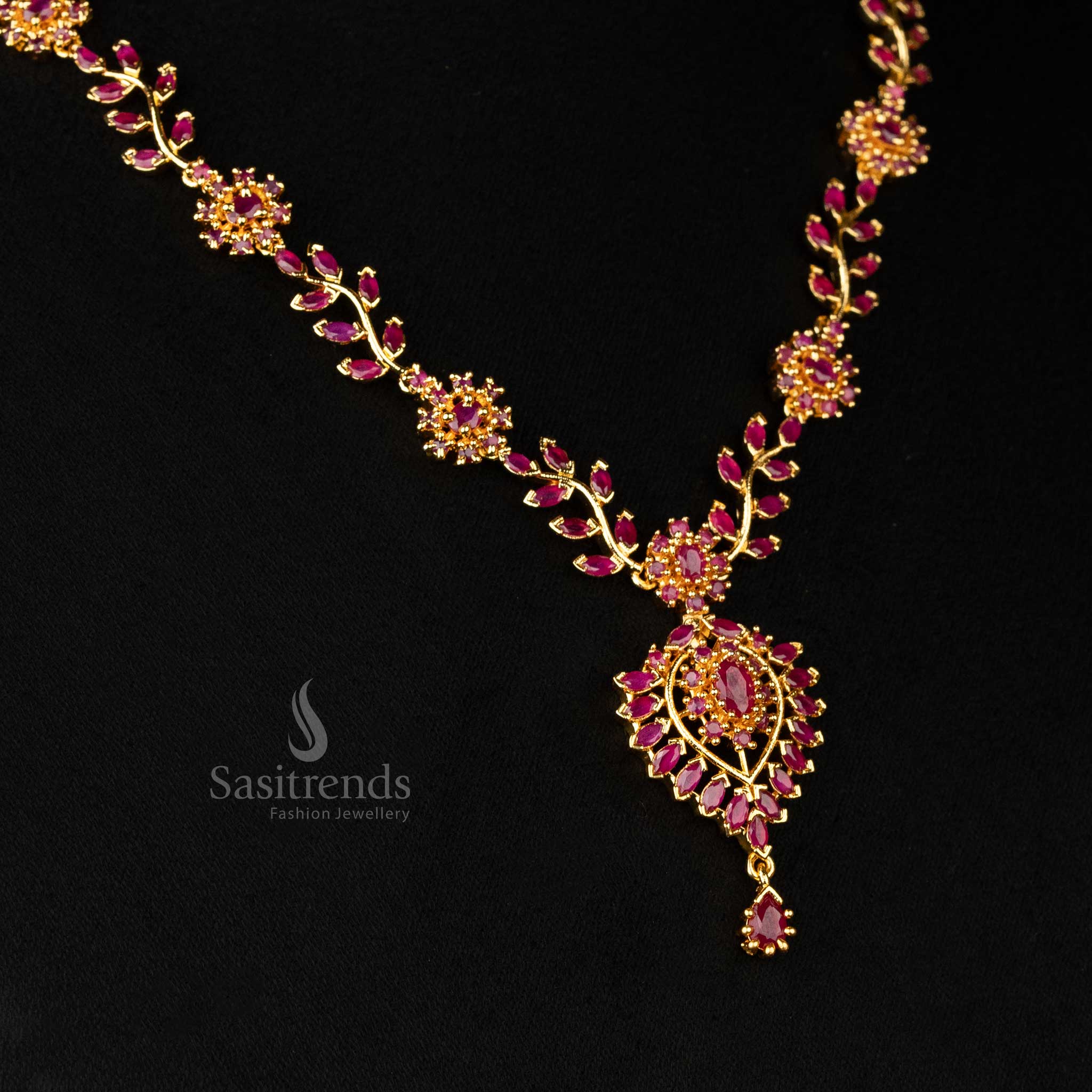 Latest Traditional Micro Gold Plated American Diamond Floral Pendant Necklace Jewellery Set for Women - Image 2