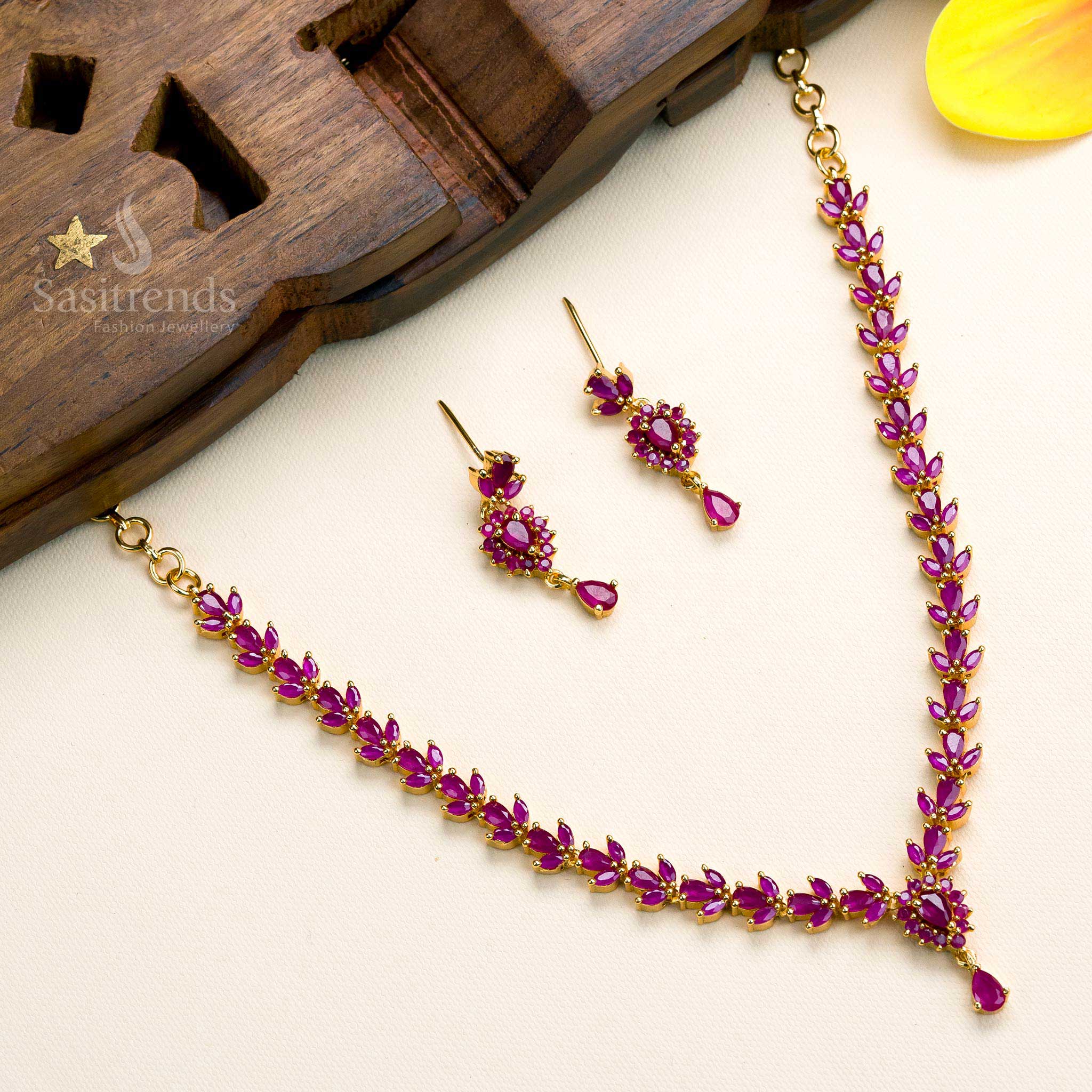 Stunning Micro Gold Plated American Diamond Floral Necklace Jewellery Set - Perfect for Traditional Occasions