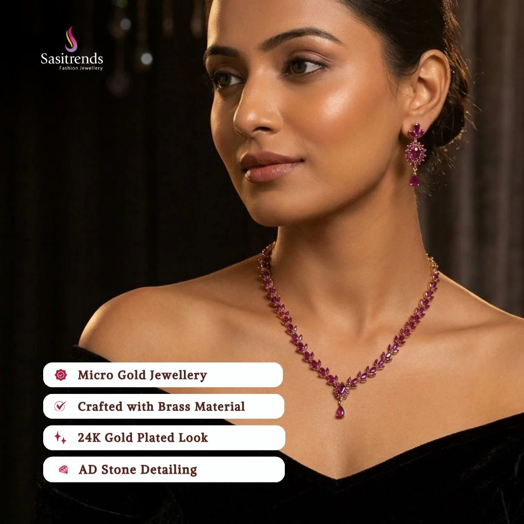 Stunning Micro Gold Plated American Diamond Floral Necklace Jewellery Set - Perfect for Traditional Occasions - Image 2