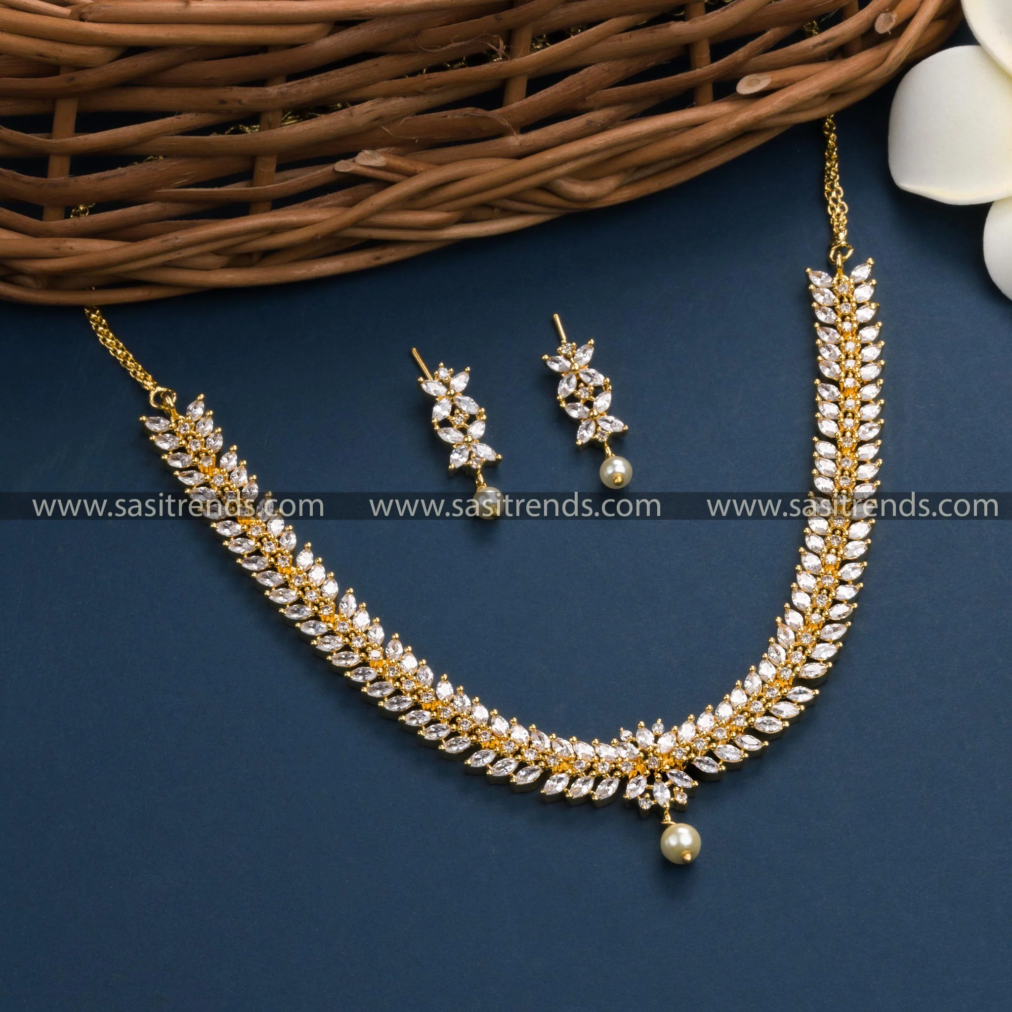 Trendy Traditional Micro Gold Plated Floral Leaf Necklace Jewellery Set - Party Wear AD Stones Jewellery for Women - Image 10