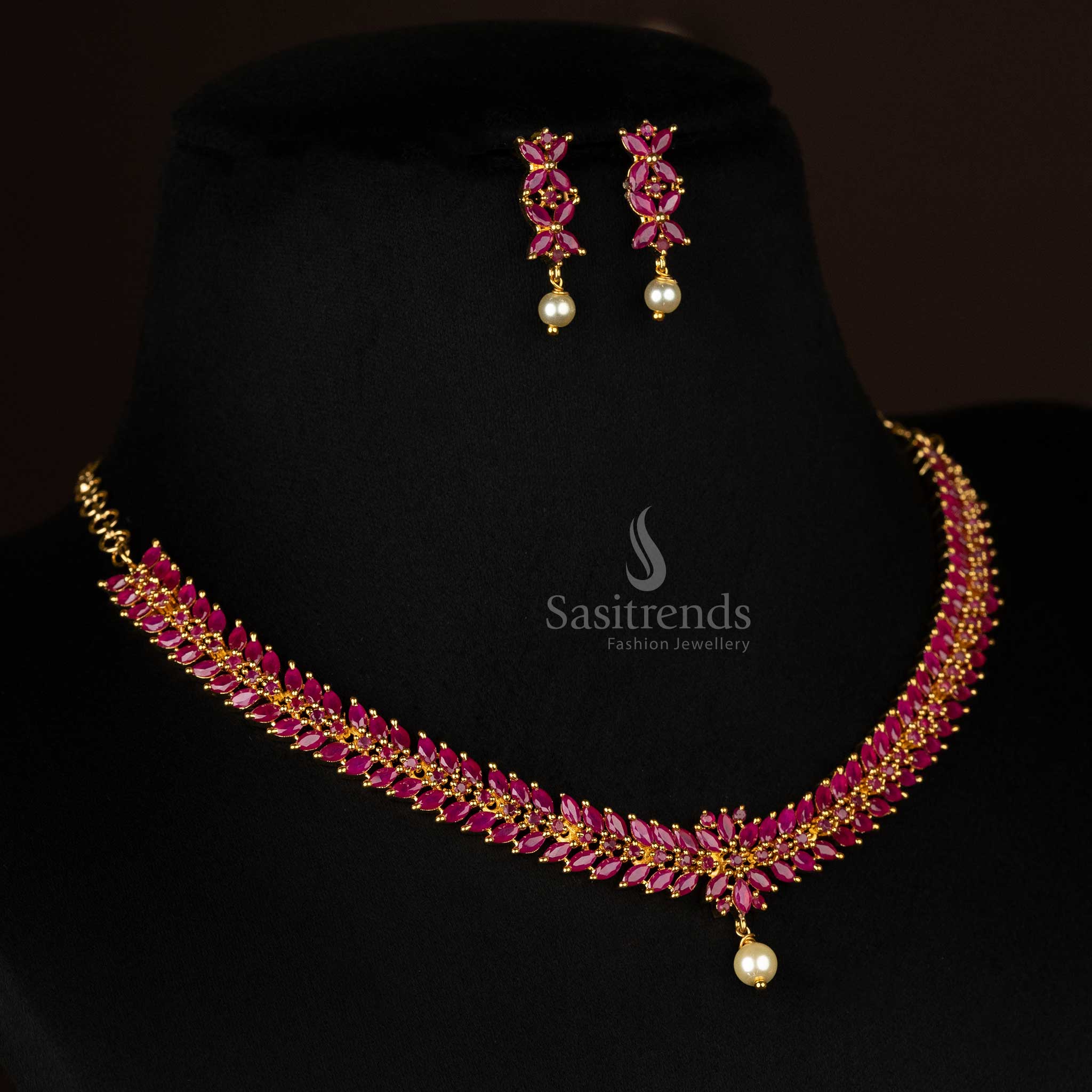 Trendy Traditional Micro Gold Plated Floral Leaf Necklace Jewellery Set - Party Wear AD Stones Jewellery for Women - Image 2