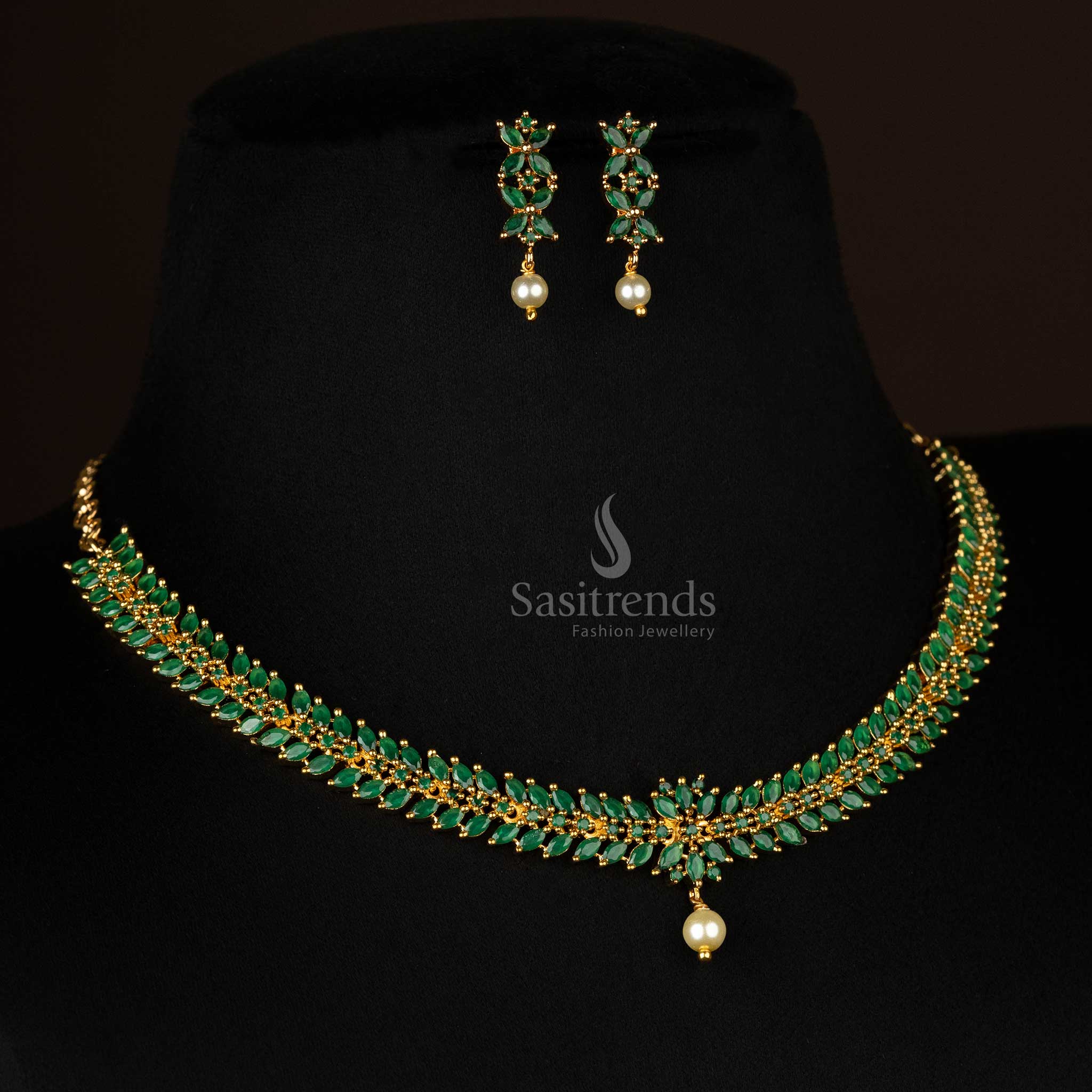 Trendy Traditional Micro Gold Plated Floral Leaf Necklace Jewellery Set - Party Wear AD Stones Jewellery for Women - Image 4