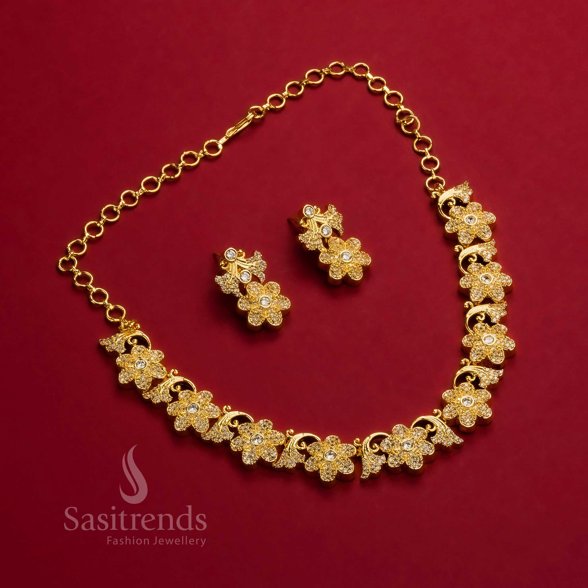 Latest Traditional Micro Gold Plated Floral Leaf Necklace Jewellery Set, AD Stones for Women | Sasitrends - Image 3