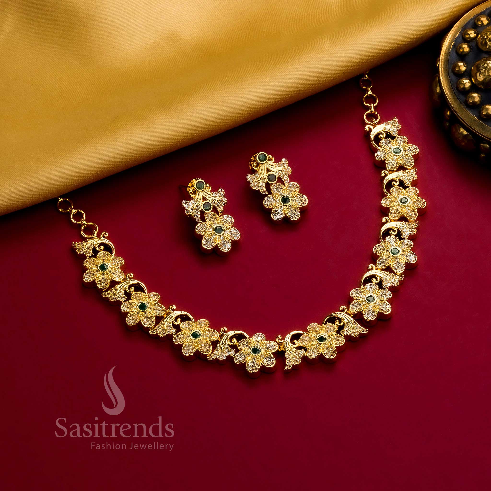 Latest Traditional Micro Gold Plated Floral Leaf Necklace Jewellery Set, AD Stones for Women | Sasitrends - Image 4