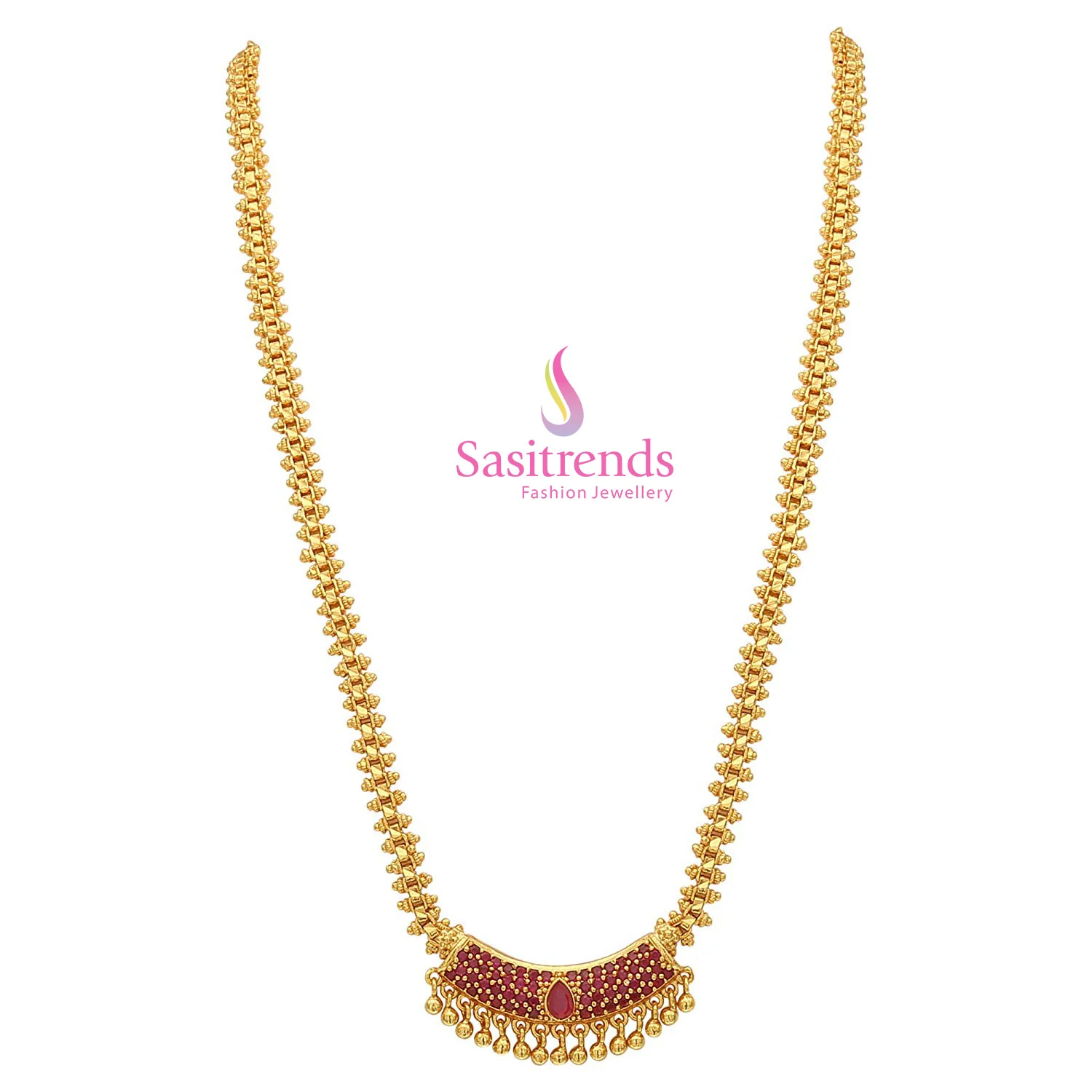 Traditional Micro Gold Plated Long Gajiri Necklace with Pendant and AD Stones - Sasitrends - Image 4