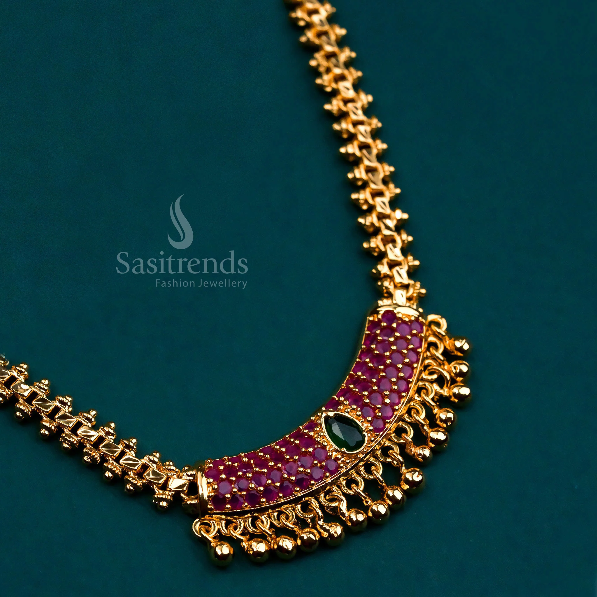 Traditional Micro Gold Plated Long Gajiri Necklace with Pendant and AD Stones - Sasitrends - Image 5