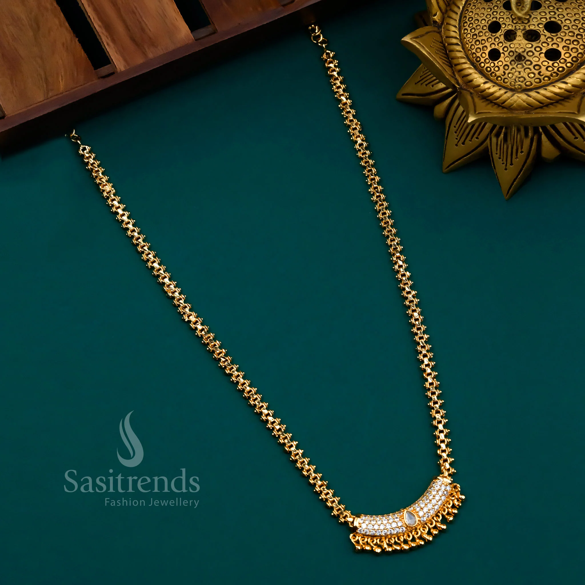 Traditional Micro Gold Plated Long Gajiri Necklace with Pendant and AD Stones - Sasitrends - Image 6