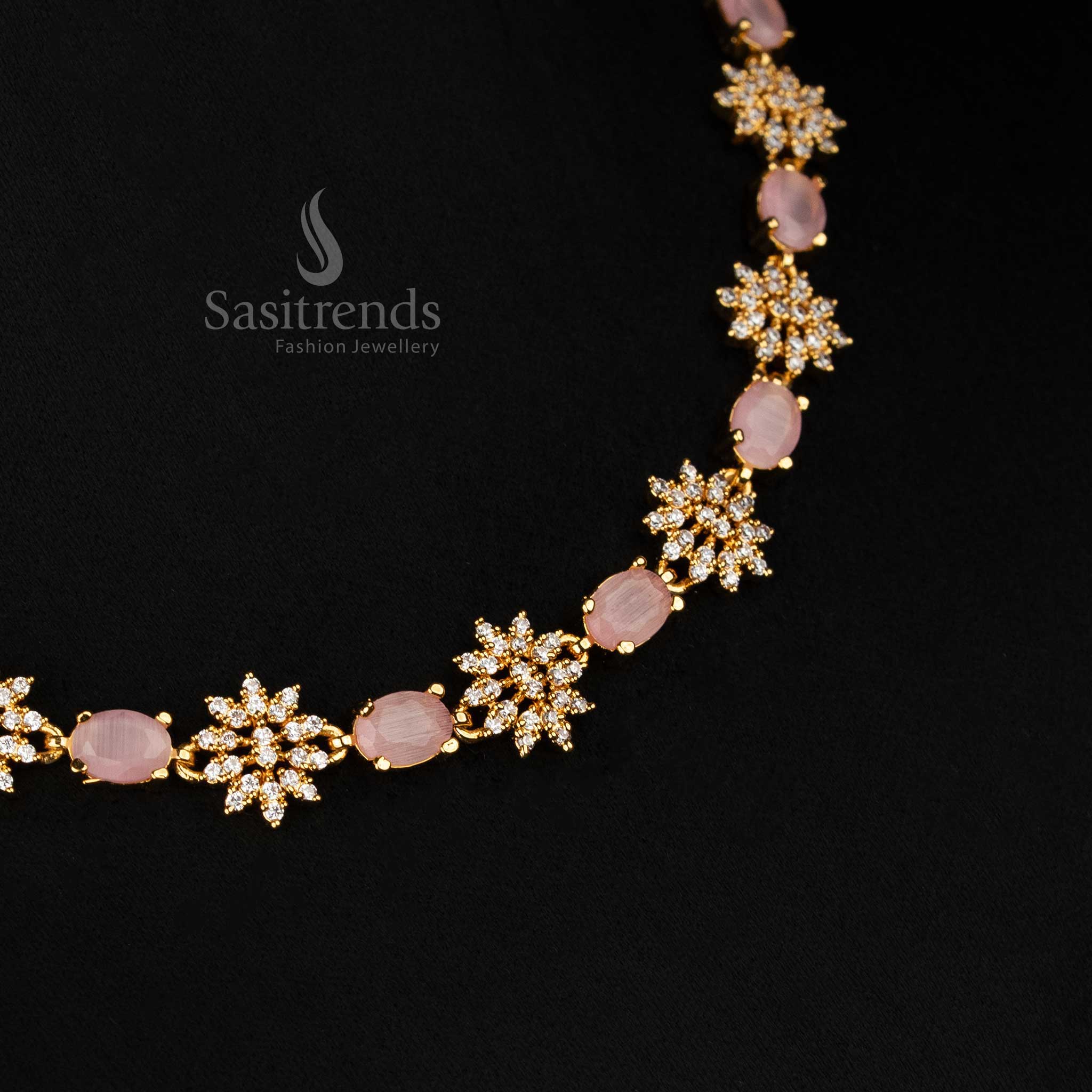 Wonderful Micro Gold Plated One Gram Floral Necklace Jewellery Set with American Diamond Stones - Sasitrends - Image 3