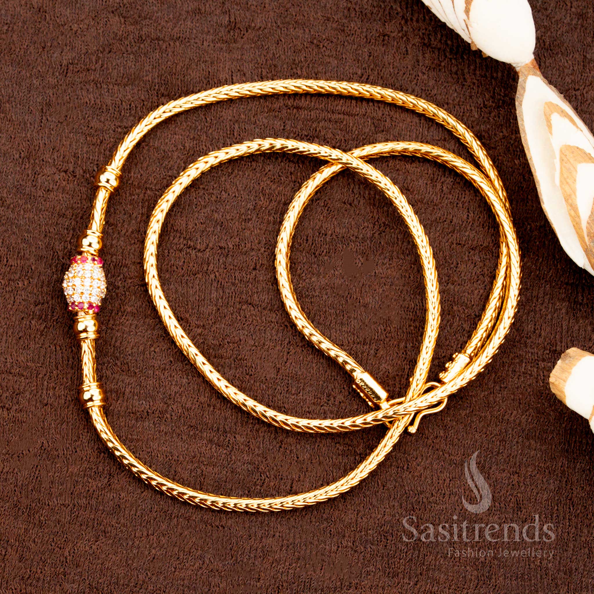 Beautiful Micro Gold Plated Oval Ball Mugappu Chain with AD Stone Studded Center Design – Perfect for Sarees and Traditional Wear - Sasitrends - Image 2