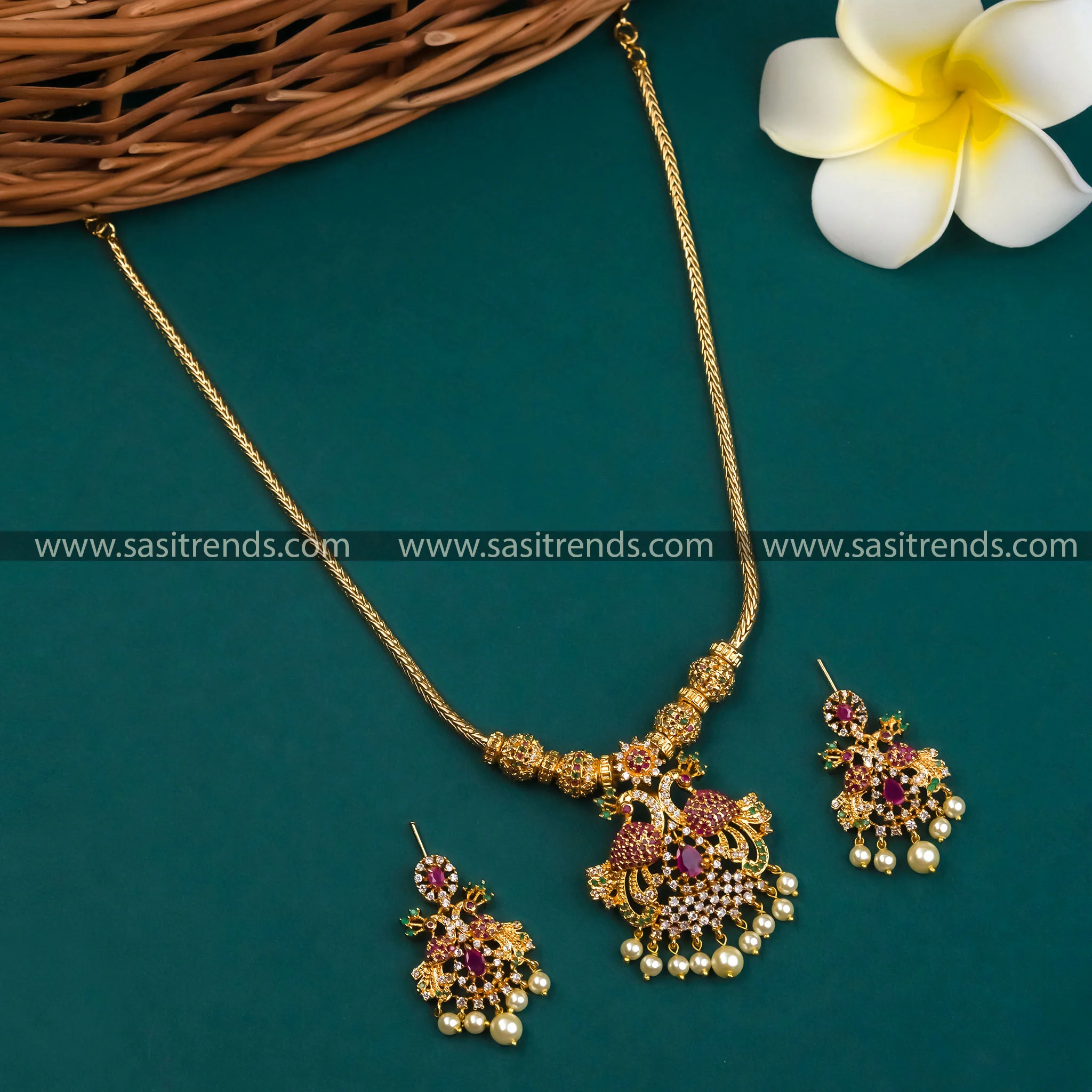 Latest Micro Gold Plated Peacock Pendant AD Necklace Jewellery Set | Sasitrends - Image 14