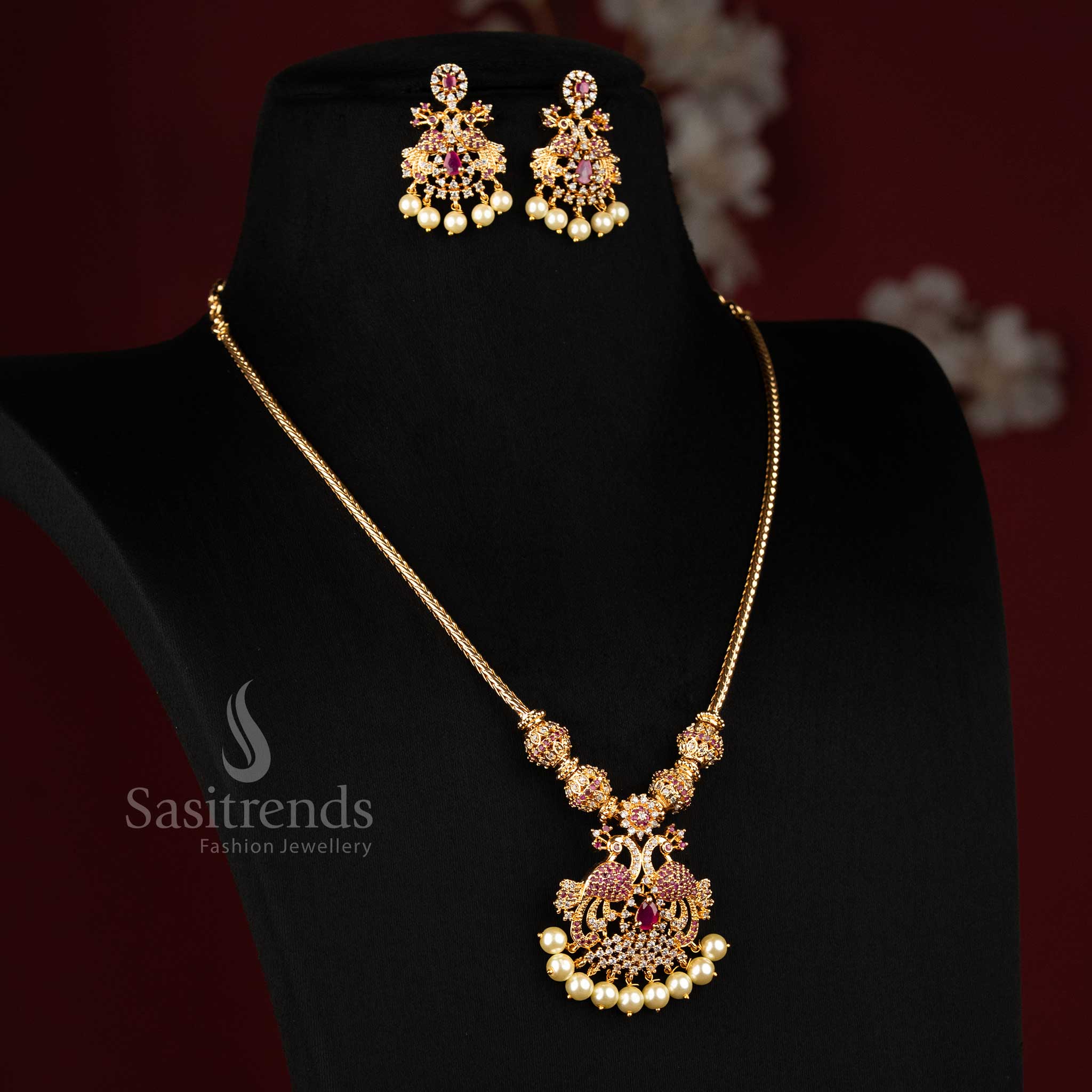 Latest Micro Gold Plated Peacock Pendant AD Necklace Jewellery Set | Sasitrends - Image 16