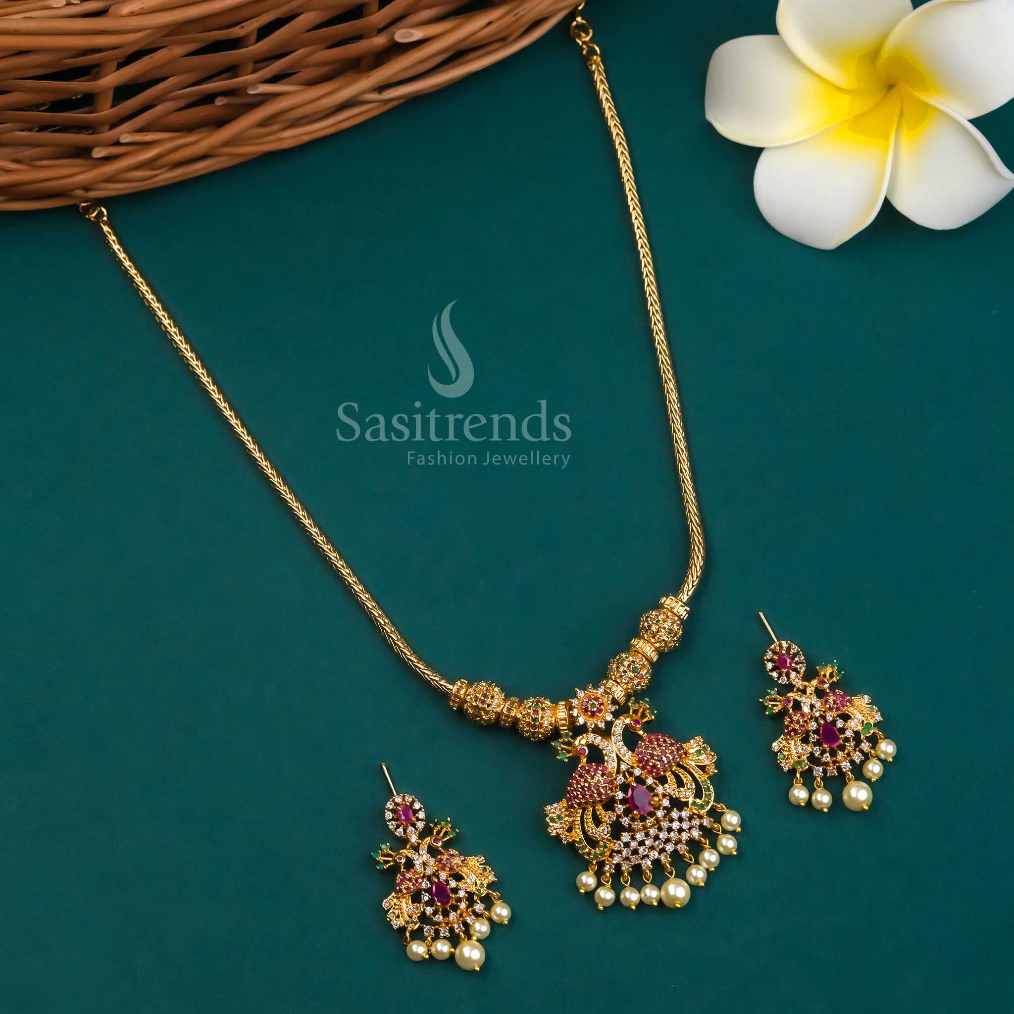 Latest Micro Gold Plated Peacock Pendant AD Necklace Jewellery Set | Sasitrends - Image 4