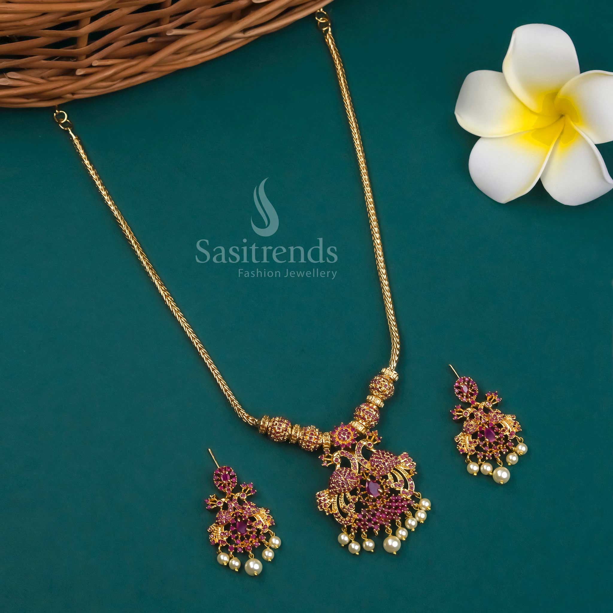 Latest Micro Gold Plated Peacock Pendant AD Necklace Jewellery Set | Sasitrends - Image 8