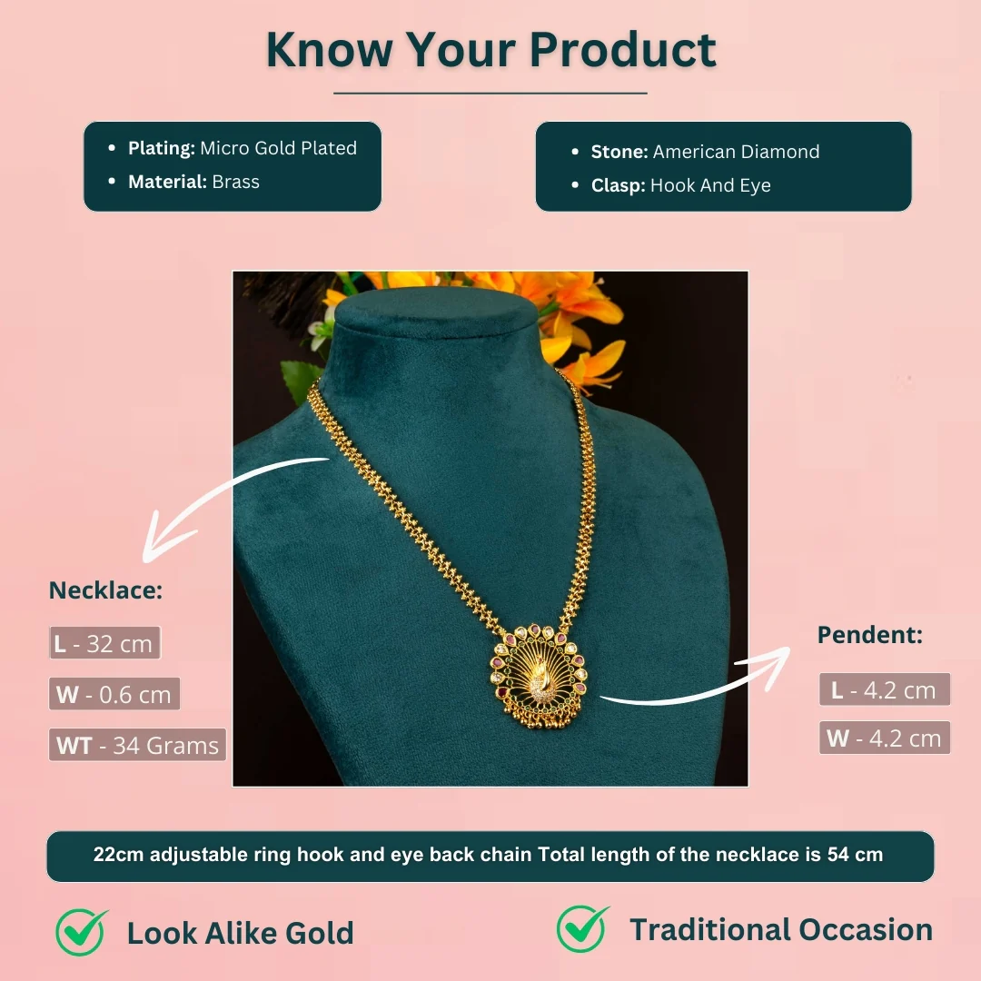 Traditional Micro Gold Plated Gajiri Necklace with Peacock Pendant and AD Stones - Latest Trend | Sasitrends - Image 2